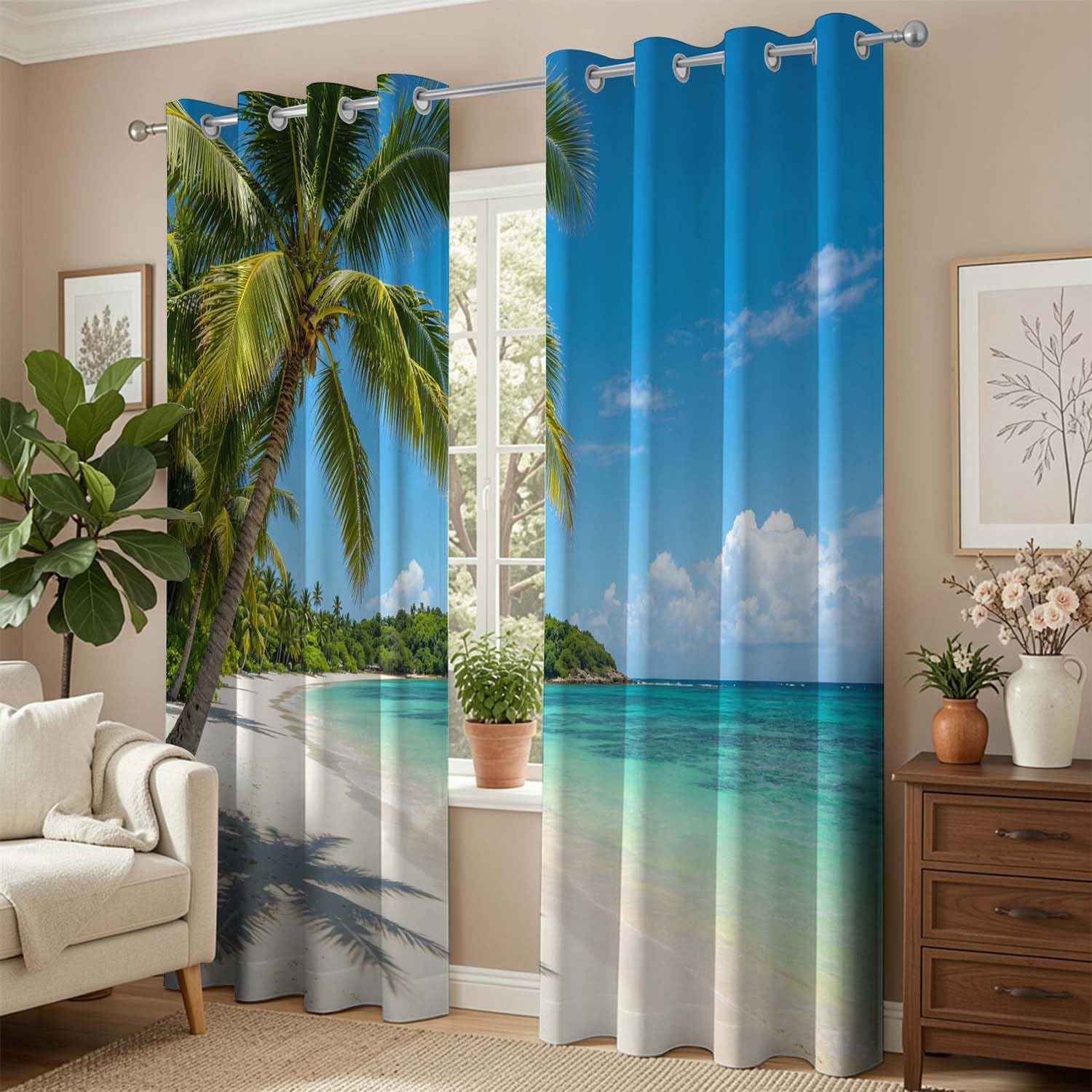 Rideaux Occultants 117x138 cm Lot de 2 à Œillets Plage Tropicale