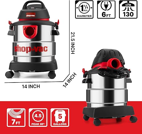 Miniatura 2 de Shop-Vac 5989300 aspiradora en húmedo y en seco de 5 galones, 4.5 HP, de acero inoxidable, negra