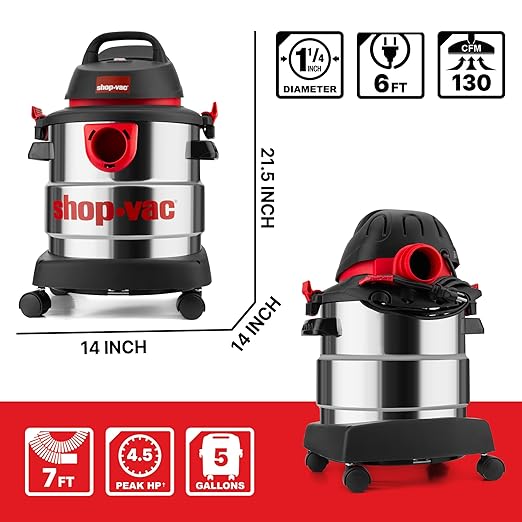 Aspiradora seca húmeda 5 galones 4.5 HP acero inoxidable miniatura 3