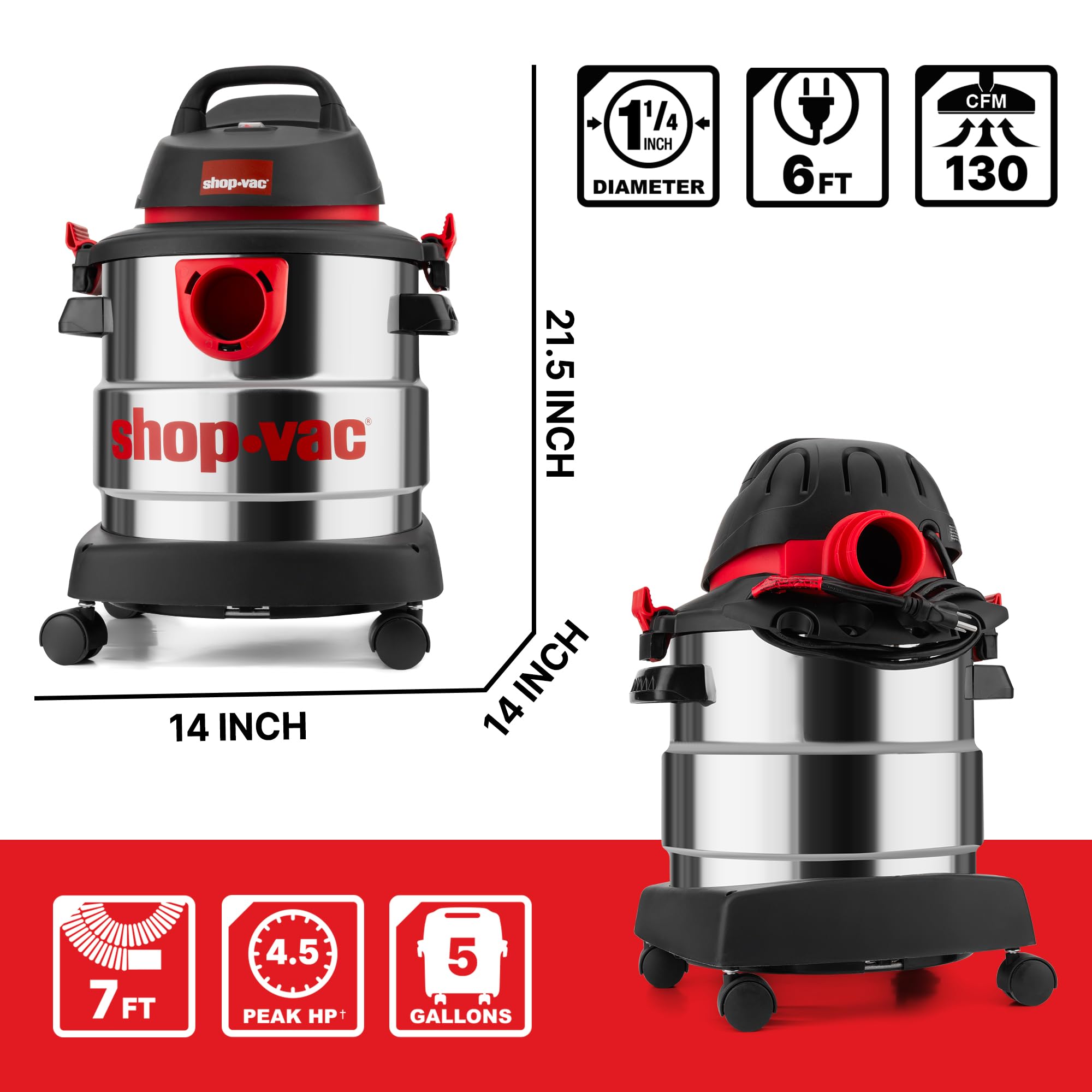 Shop-Vac 5989305 Aspiradora de Acero Inoxidable de 4.5 Pico HP de 5 galones, Color Negro, Negro