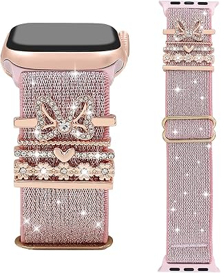 Stretchy Bling Band with Charms Compatible with Apple Watch 38 40 41 42 44 45 46 49mm Women,Nylon Wristband with Bowknot Decorative Ring Loop for iWatch Series 10 9 8 7 6 5 4 3-1 Ultra SE