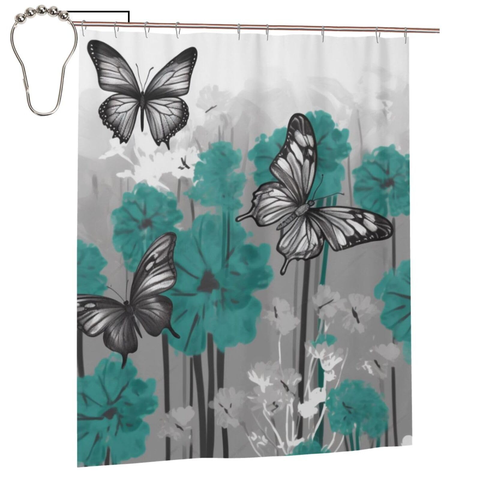 BWWHCCTI Gray Teal Flower Butterfly Printed Shower Curtain With 12 Iron Hooks Opaque Quick Drying Waterproof Shower Curtains Sets For Bathroom 152x183 Cm