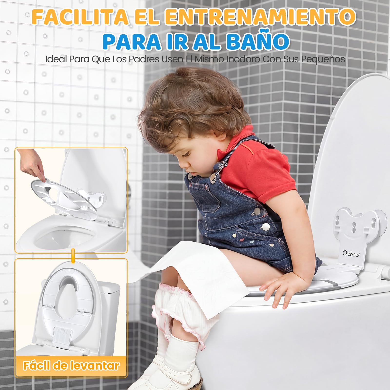 Orzbow Plegable Adaptador Wc Niños, Portatil Reductor Wc Niños con Barrera de Orina de Goma Blanda, Universal Adaptador Baño para Niños con Ventosa, Longitud Ajustable, Fácil de Instalar, Blanco