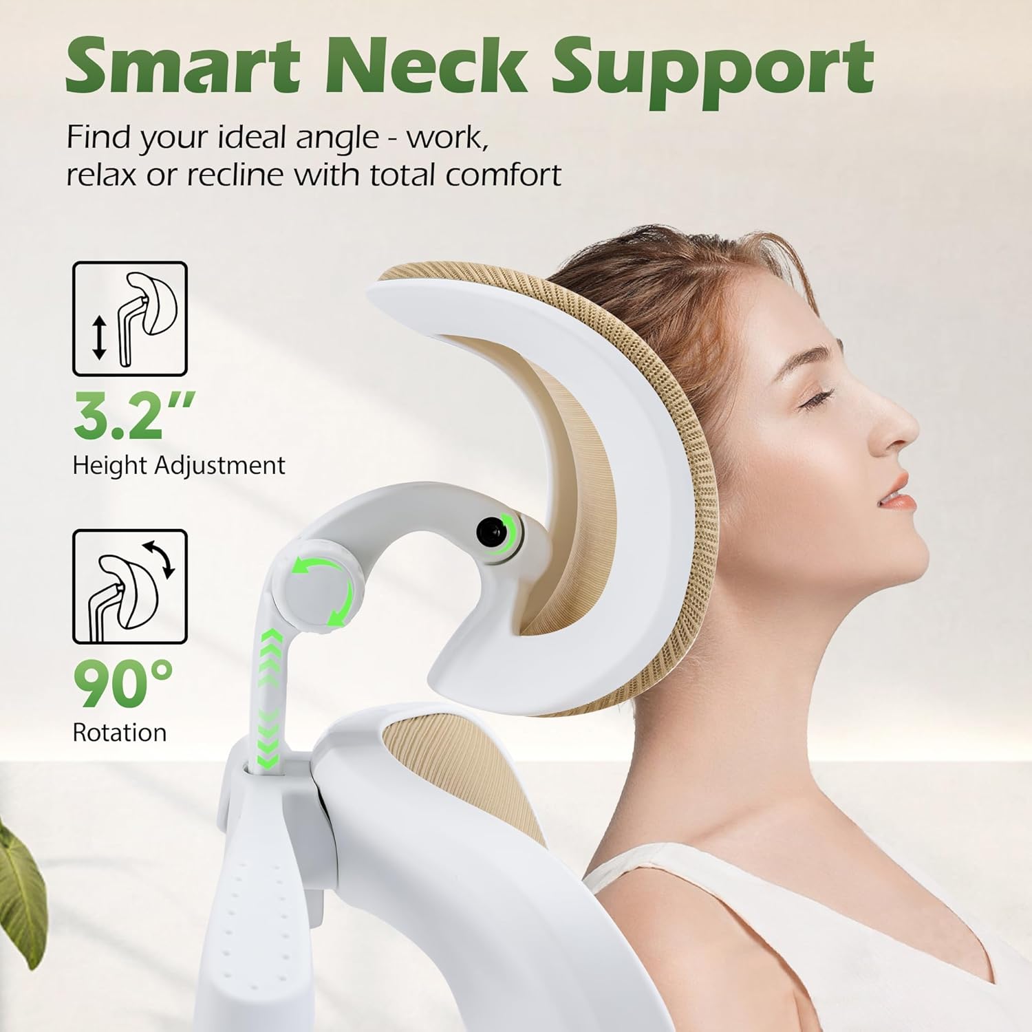 Close-up of the smart neck support showing 3.2 inches of height adjustment and 90 degrees of rotation.