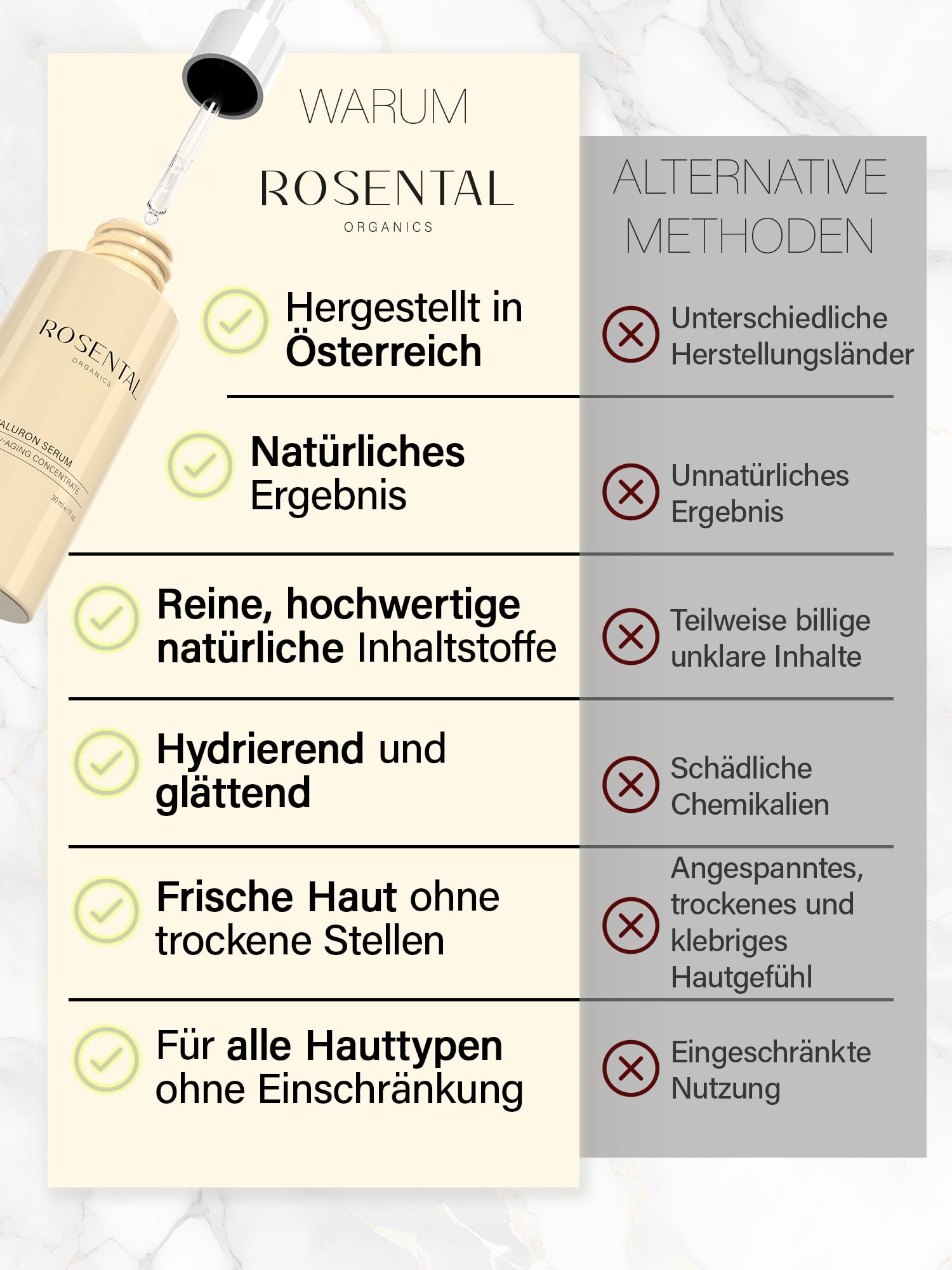 ROSENTAL Organics Sérum hialurónico, alta dosis de ácido hialurónico, cuidado facial hidratante, antienvejecimiento, cosmética natural (30 ml)