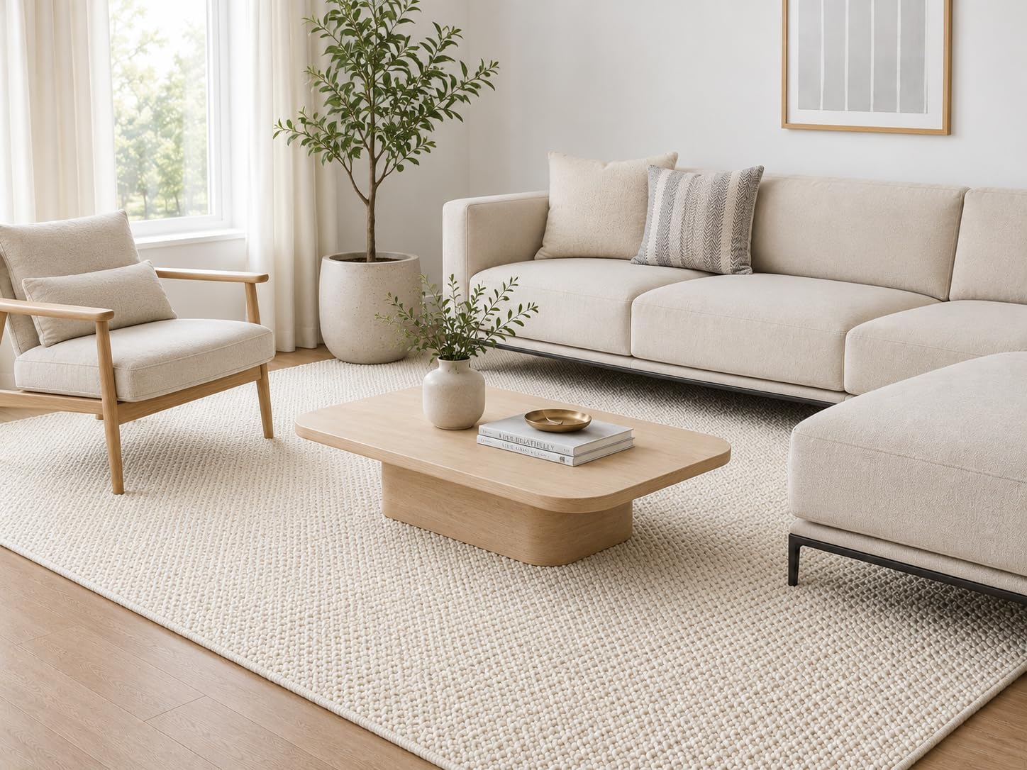 Ivory handwoven wool and cotton area rug in a rectangular 8-by-10-foot size