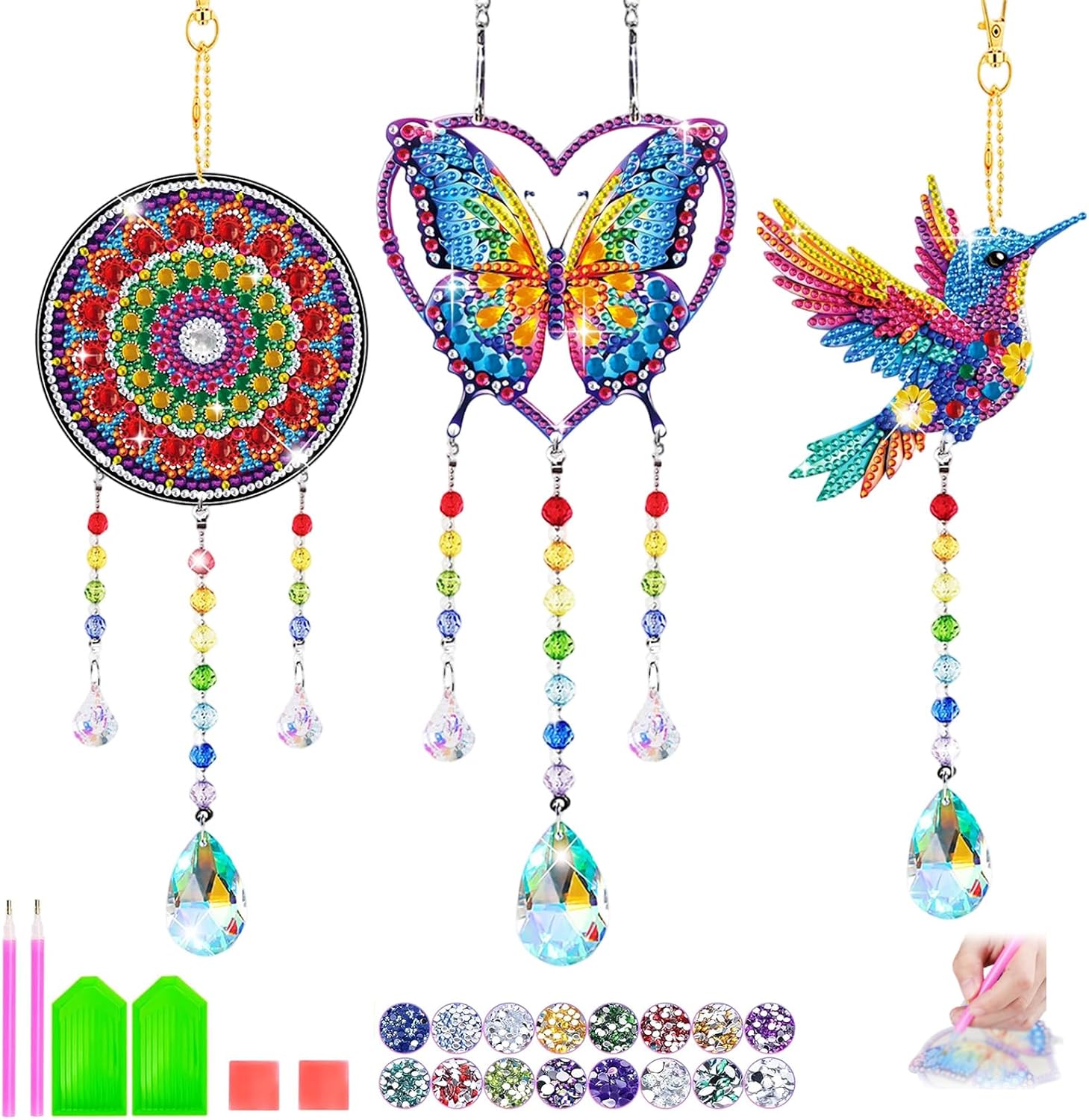 Diamond Art Kits - 3Pcs Diamond Painting Wind Chimes Suncatcher Kit, 5D DIY Crystal Hanging Ornaments, Butterfly Mandala Hummingbird Garden Decor, Paint by Number Art Craft Gifts for Mom Women