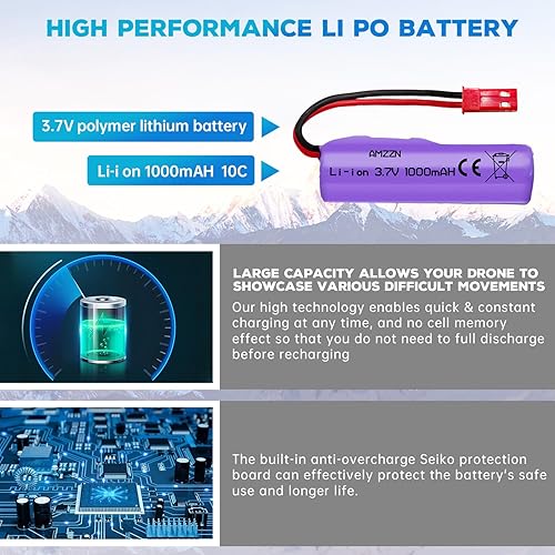 Miniatura 5 de Batería de iones de litio de 3.7 V 1000 mAh con enchufe JST-2P y cargador de 1 a 5 para Huina 1337 1338 1516 1517 RC vehículo de ingeniería,