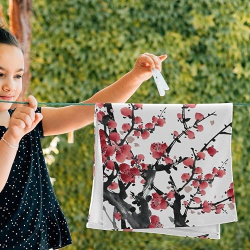 Miniatura 5 de Juego de 2 toallas de mano con diseño de flor de ciruelo rojo para baño, flores, flores, árboles, ramas, peces koi, estilo asiático, suaves y