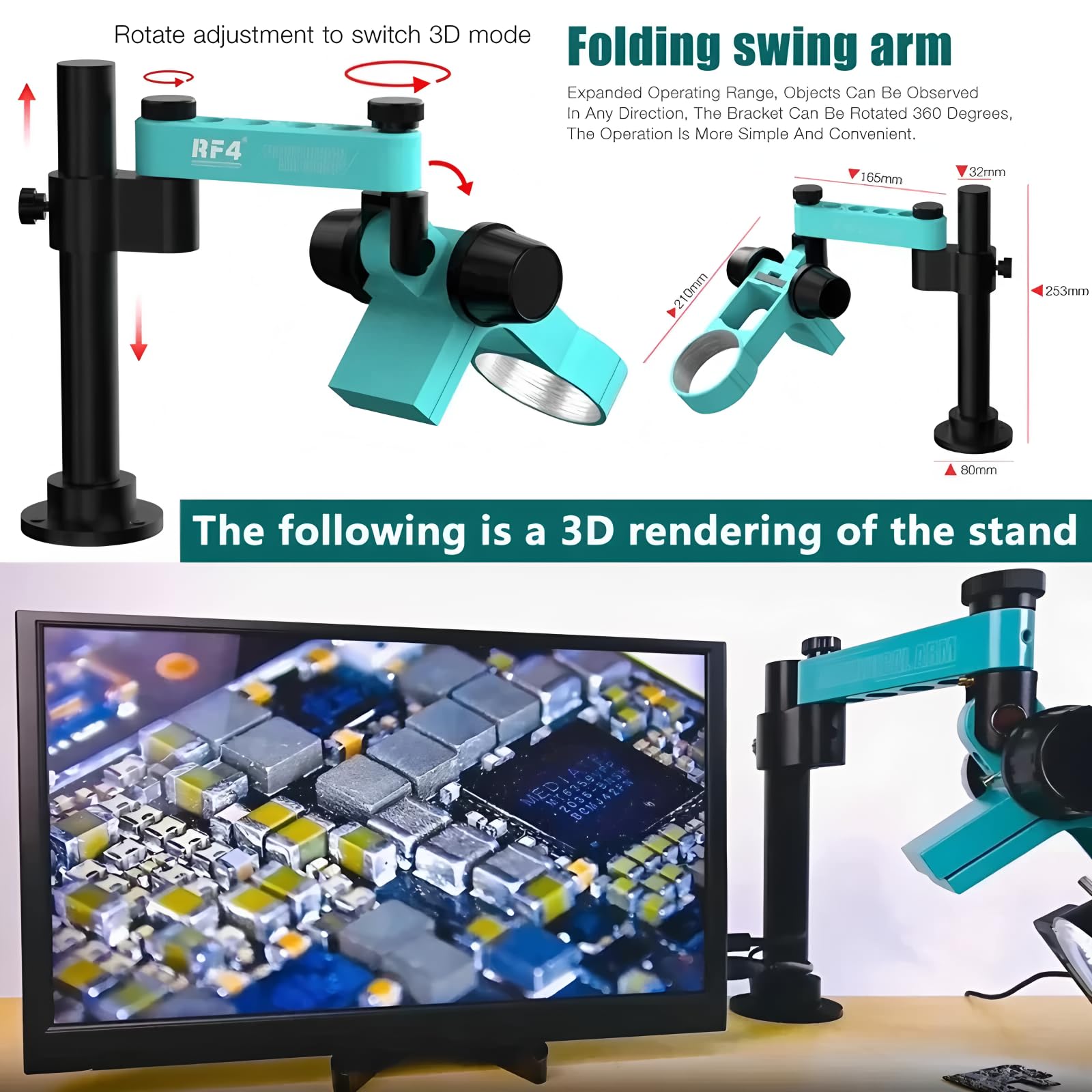 Microscopio estereoscópico trinocular con Brazo articulado de rotación 360°, Base de Campo Amplio, Compatible con cámara HDMI 4K/2K y teléfono para Soldadura y reparación de PCB (RF-6555PROMAX-F019)
