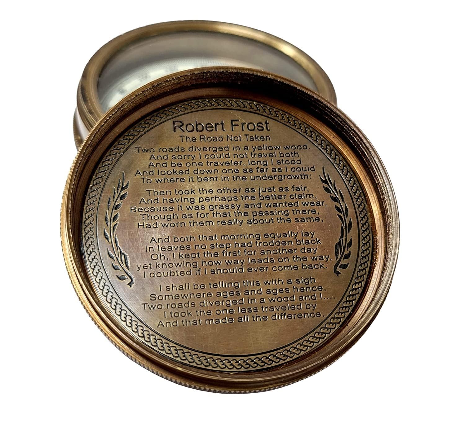 Bussola tascabile in ottone nautico Robert Frost Poesia ottone replica vintage finitura anticata bussola 5,1 cm