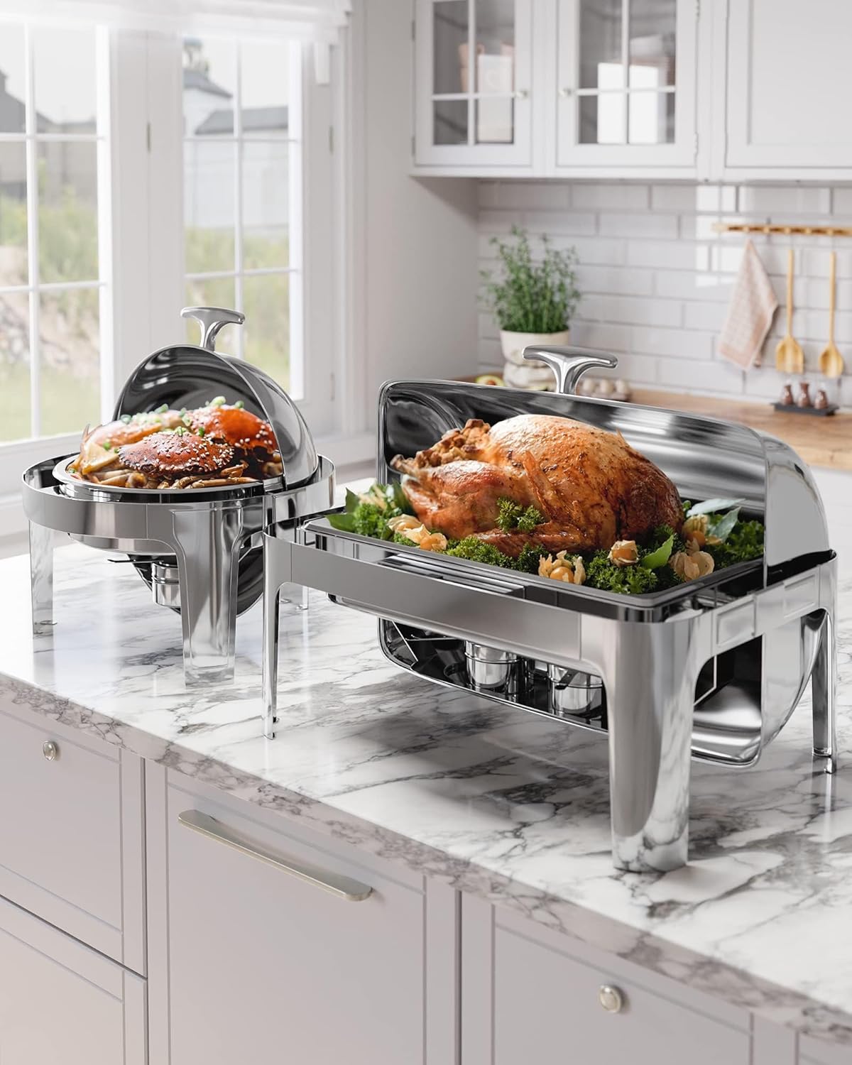 9QT Roll Top Chafing Dish Buffet Set, Stainless Steel Chafer with Full Size Food Pan, Durable Alloy Hinge, Commercial Food Warmer for Catering, Parties & Weddings