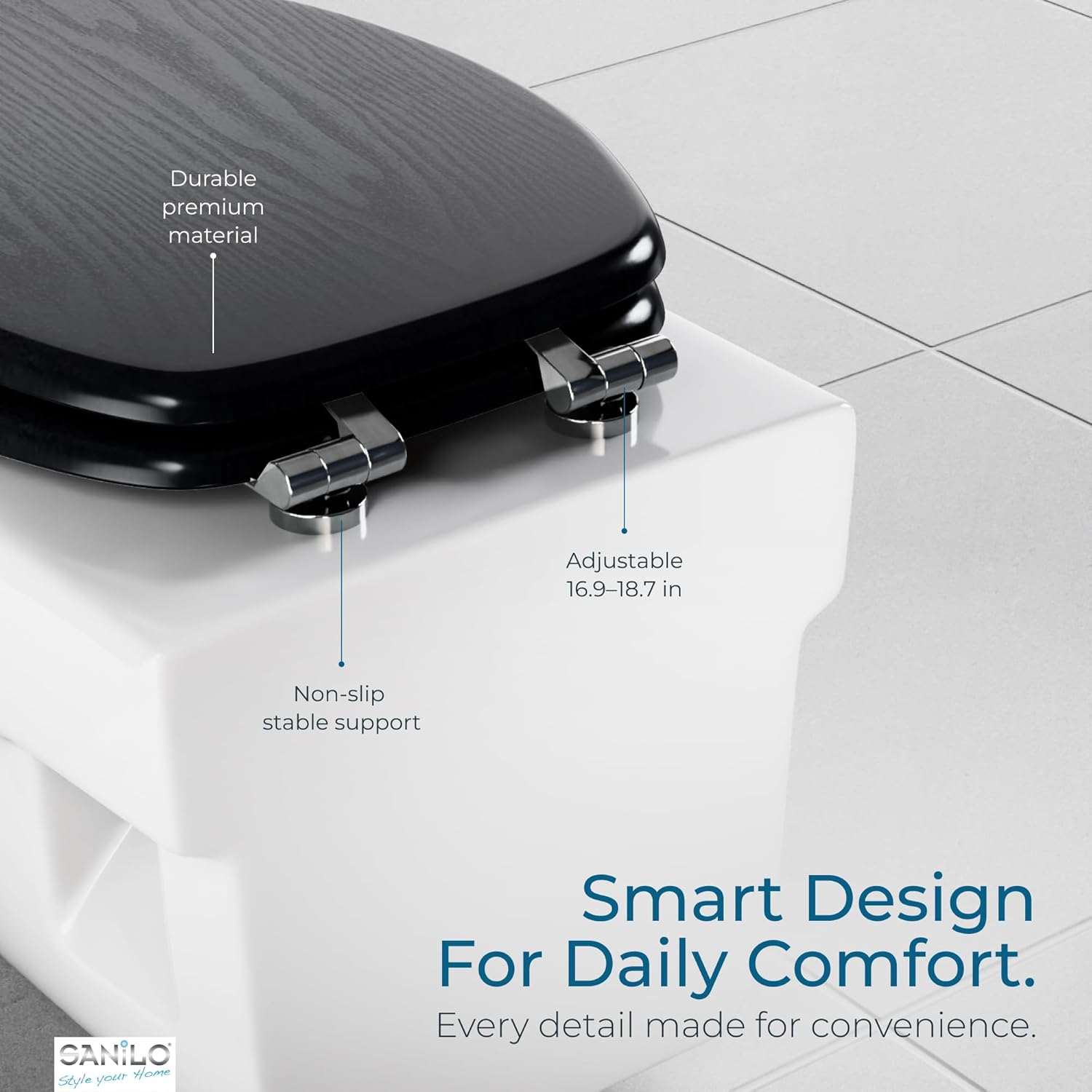 SANILO Wooden Toilet Seat with Soft Close [ELONGATED] - Decorative, Quiet & Slow Close Molded Wood Seat - With Strong Bumpers & Hinges - Adjustable Fit - Black Wood