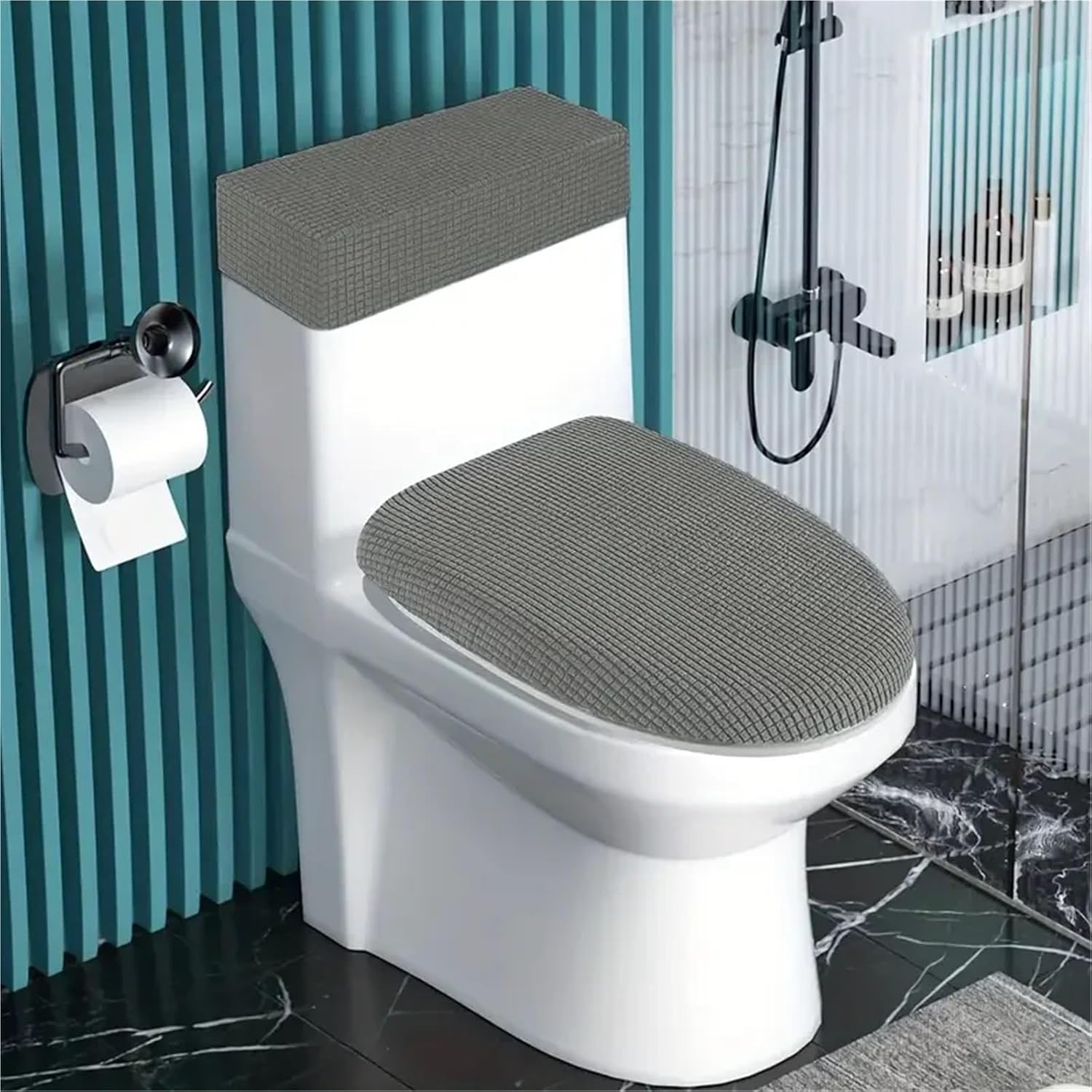 Fleece Toilet Seat Cover and Tank Covers 4Pcs 2Sets Elastic Solid Color Lid Cushion Pad Protector for Home Hotel Bathroom Decor(Green)