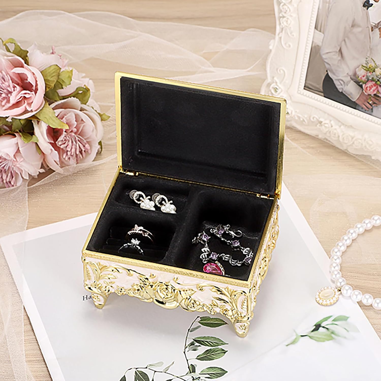 ELLDOO Vintage Music Box, Beige Metal Musical Jewelry Box Keepsake Box, Small Trinket Jewelry Storage Box Gift for Girl Women (Tune: You are My Sunshine), Gold Rose Pattern