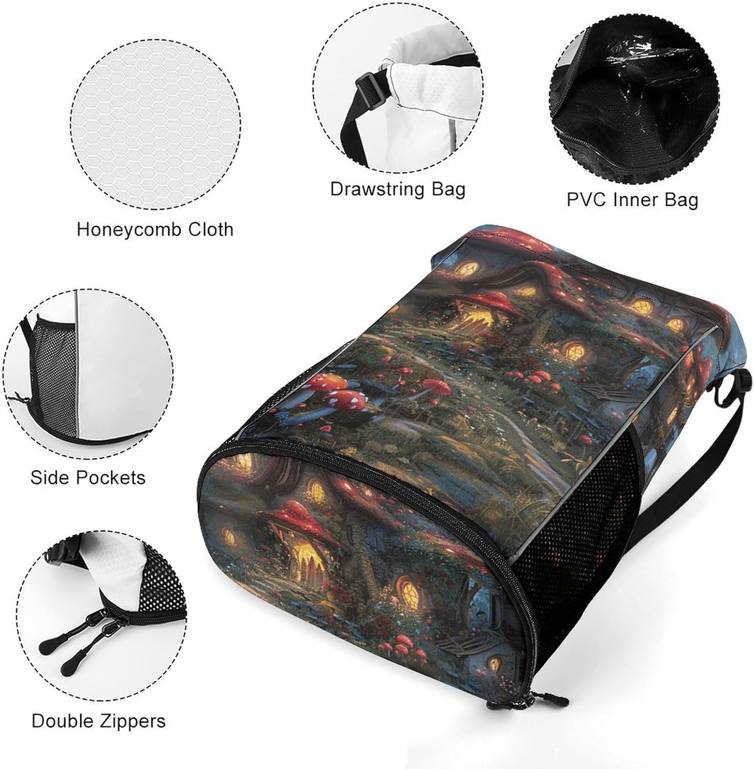 Small Gym Bag Mushrooms And Flowers Printed Drawstring Gym Bag for Men Lightweight Waterproof Drawstring Backpack for Women with Shoe Compartment for Travel Tourism Work And Fitness