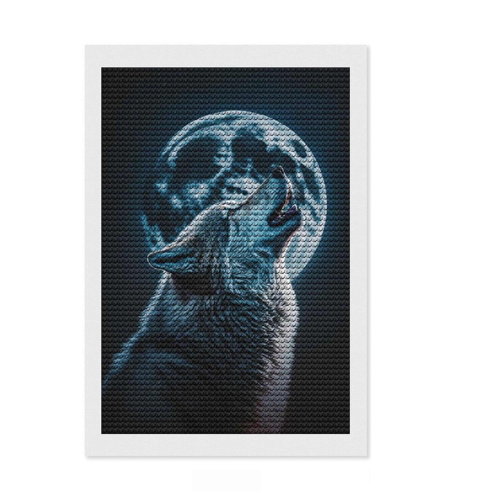 Junmoney Wolf Howling at Moon Diamond Painting Kit 8"x12", Neat Printed Canvas, Sparkling Round Gems, Fun Craft Experience, Office Decor
