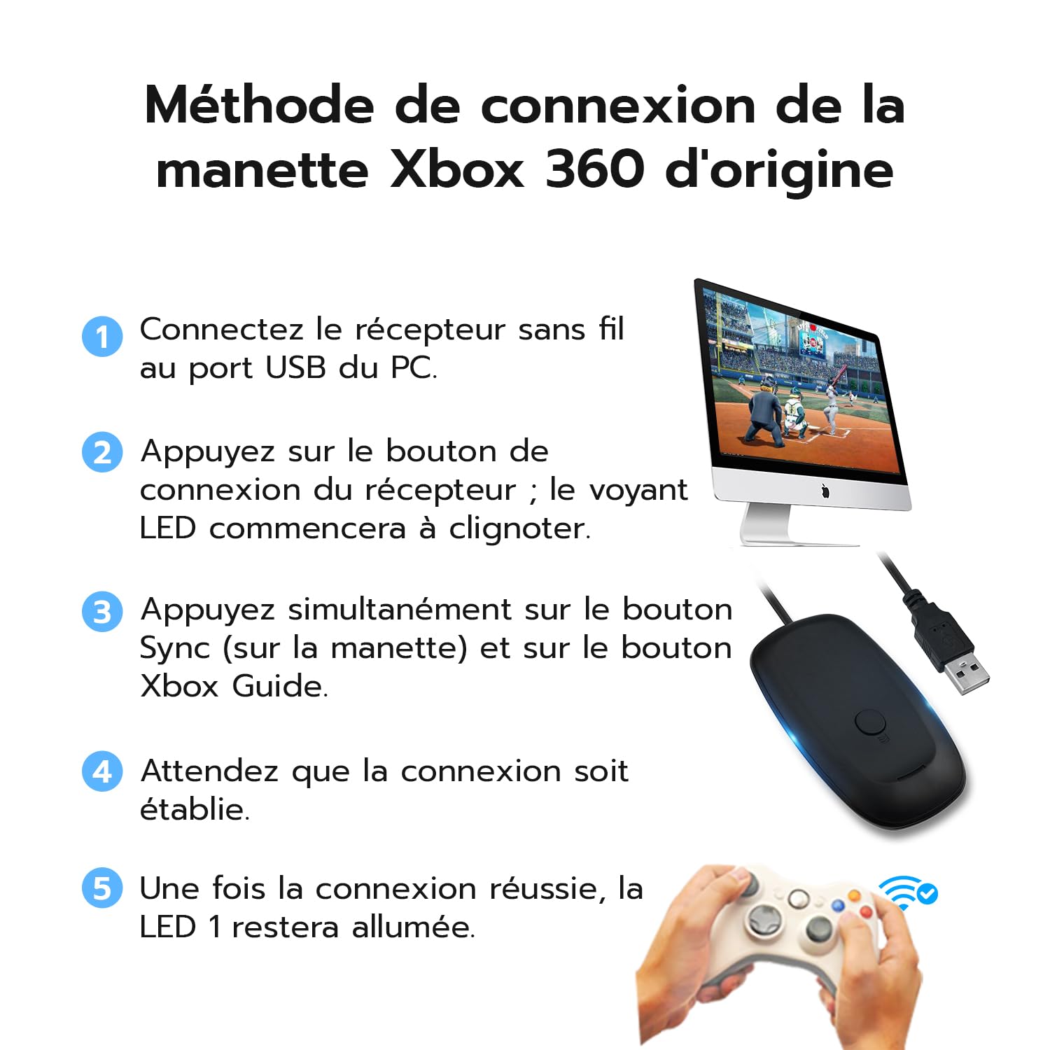 Mcbazel Adaptateur Convertisseur sans Fil USB 2.0 pour Récepteur Gaming pour Xbx 360/PC Bureau - Prise en Charge de 4 Manettes et Casques, Plug & Play pour Windows 7/10/11