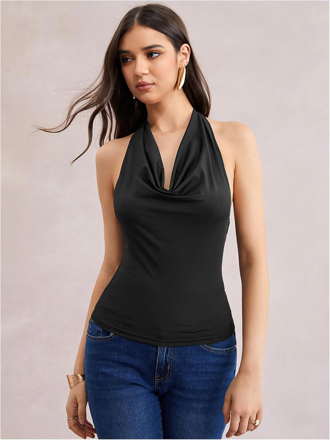 Milumia Women Draped Front Halter Top Sext Cowl Neck Backless Casual Tank Tops - Image 3