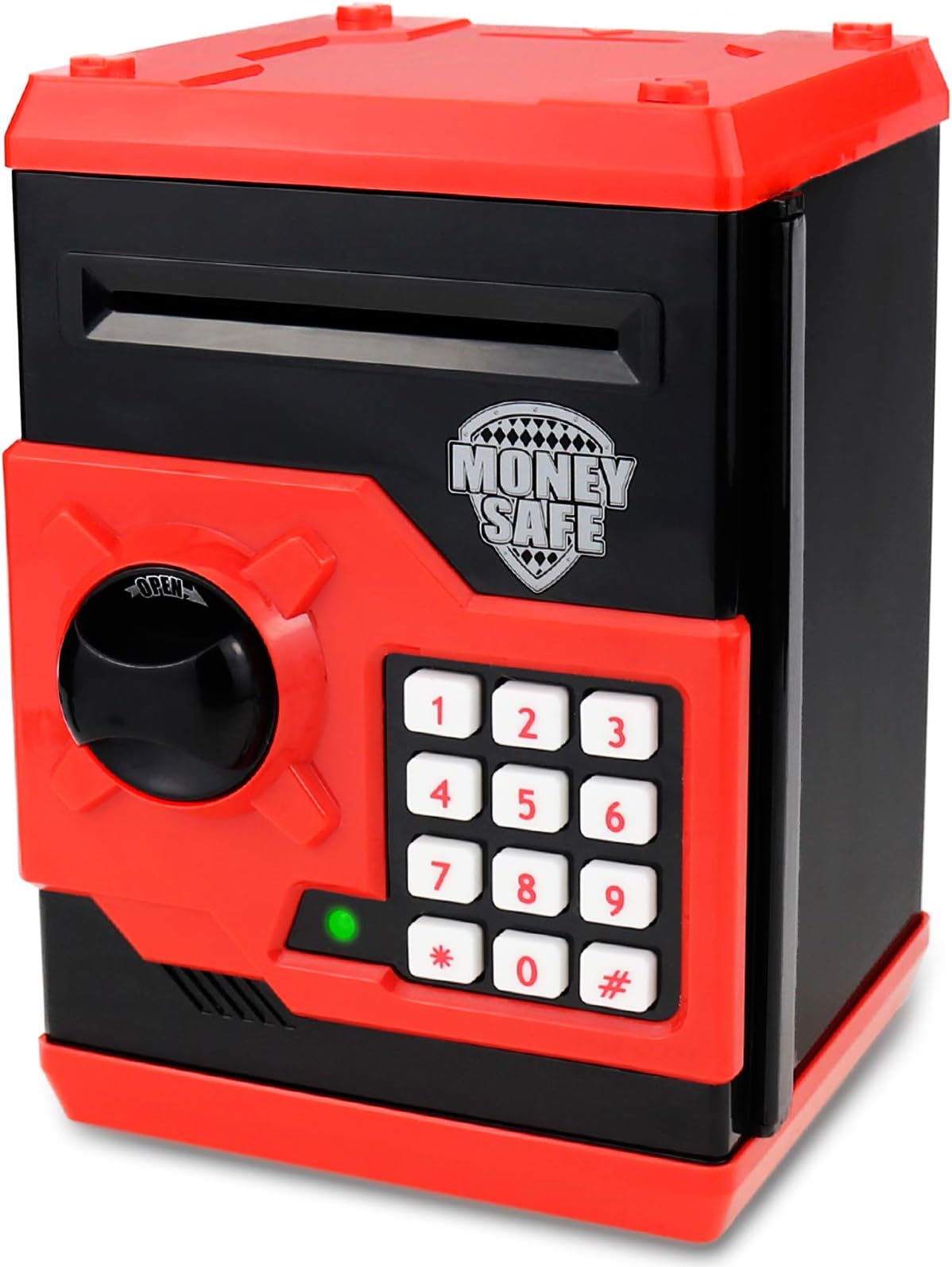 Kids Money Bank, Electronic Piggy Banks, Great Gift Toy for Kids Children, Auto Scroll Paper Money Saving Box Password Coin Bank,Perfect Toy Gifts for Boys Girls (Black red)