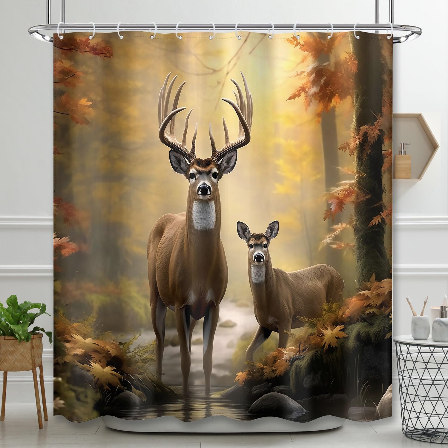 Rustic Cabin Deer 4Pcs Shower Curtain Fall Forest Lake Farmhouse Lodge Deer Shower Curtain Sets with Rugs, Memory Foam Non-Slip Rug, Toilet Lid Cover and Bath Mat 70.8"x70.8"