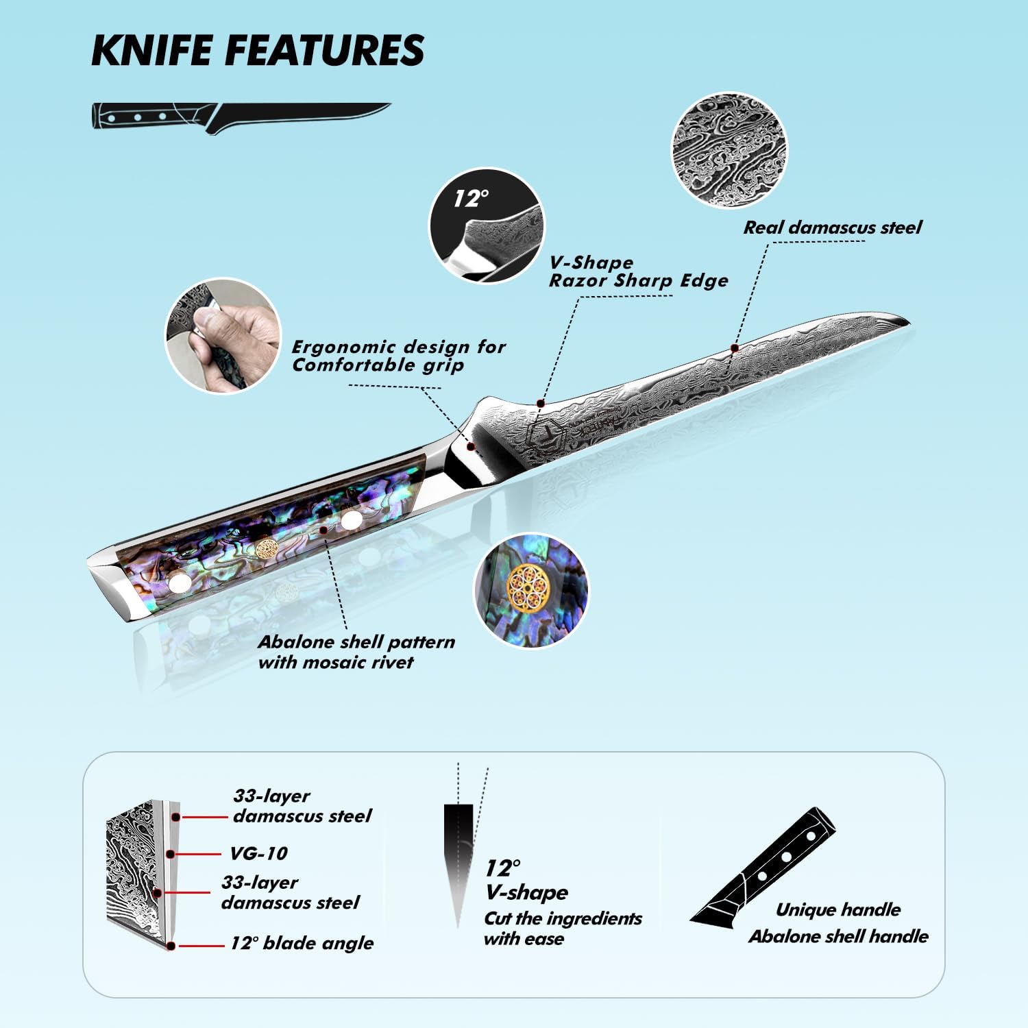 Fanteck 6" Boning Fillet Knife,Damascus Japanese Pro Vg10 67 Layer Sharp Curved Flexible Blade Kitchen Deboning Knives for Fish Poultry Chicken Meat Cutting-Full Tang Abalone Shell Handle&Wooden Cover