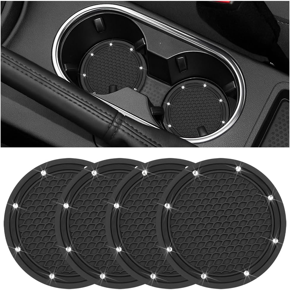 4PCS Bling Car Cup Holder Coaster, Dustproof Non-Slip Innsert Drink Cup Mat Cushion Ornament with Rhinestone, Diamond Auto Interior Water Bottle Pad Decor, Universal Fit (Black)