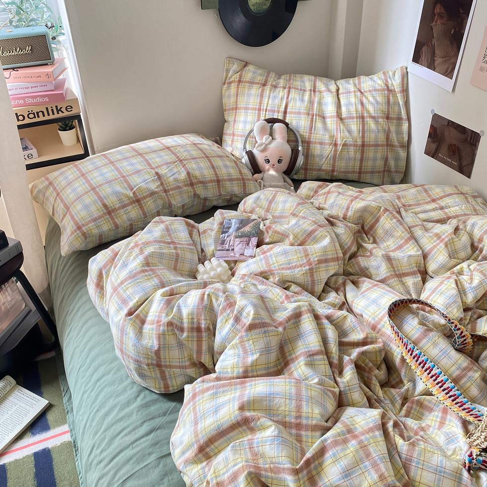 Image of EAVD Vintage Style Buffalo Plaid Duvet Cover Twin Size 3 Pieces Grid Plaid Bedding Set Soft 100% Washed Cotton Aesthetic Gingham Duvet Cover with 2 Pillowcases Colorful Grid Checkered Bedding Set