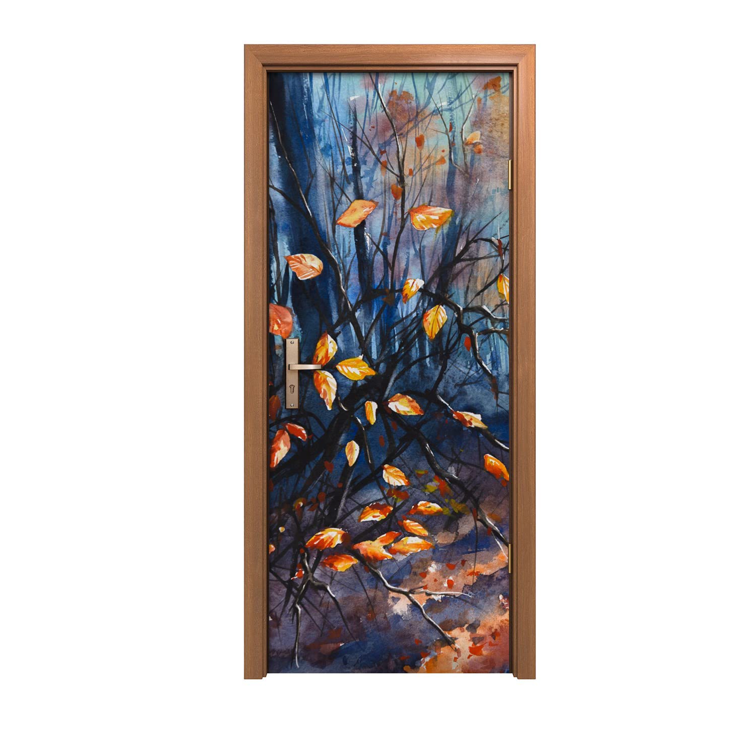 Autocollant de porte 90x200cm feuilles de forêt poster mural adhésif trompe l'oeil
