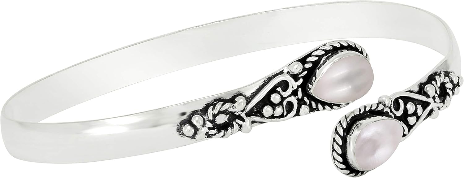 Pear Shape Natural Gemstones Bangle for Women - 925 Sterling Silver Plated Handmade Cuff Bracelet - Birthstone Adjustable Open Bangle Jewelry - Gift for Wedding Anniversaries Valentine's Day Christmas - Image 2