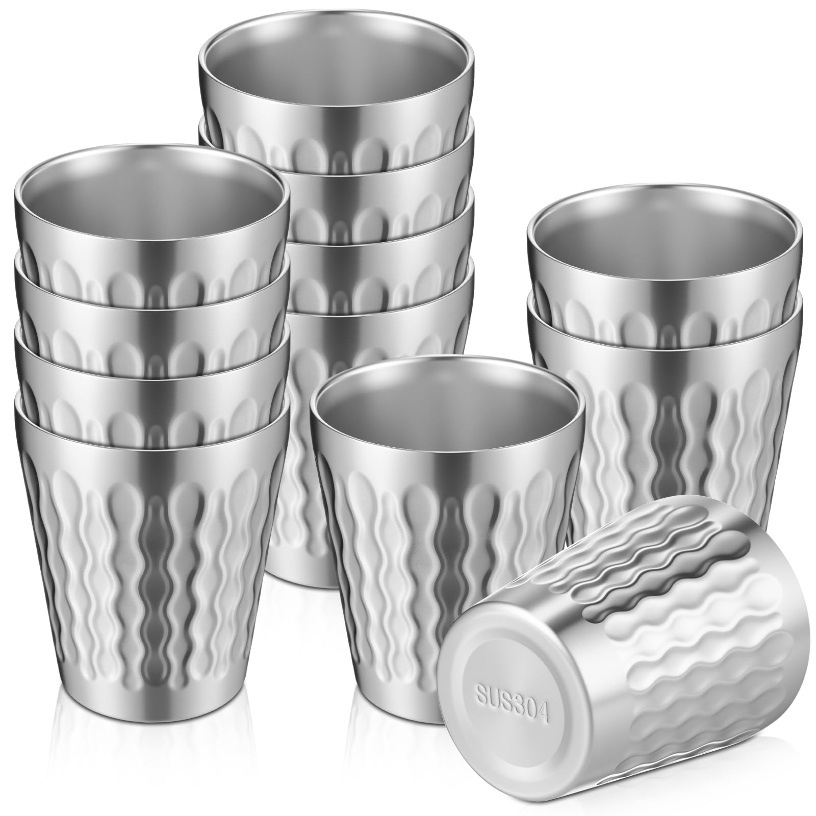 Skylety Edelstahlbecher, doppelwandig, stapelbar, wiederverwendbar, silberfarben, Campingbecher für Zuhause, Camping, Grillparty, 12 Stück (Silber, 286 ml)