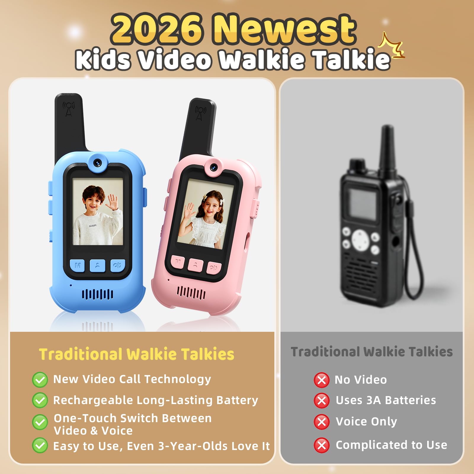 Video Walkie Talkies for Kids, 2 Pack Long Range Walkie Talkies with Screen & Voice Changer, Outdoor Toys for Boys Girls Ages 3-12, Family Games Birthday Gifts for Kids (Blue+Pink)