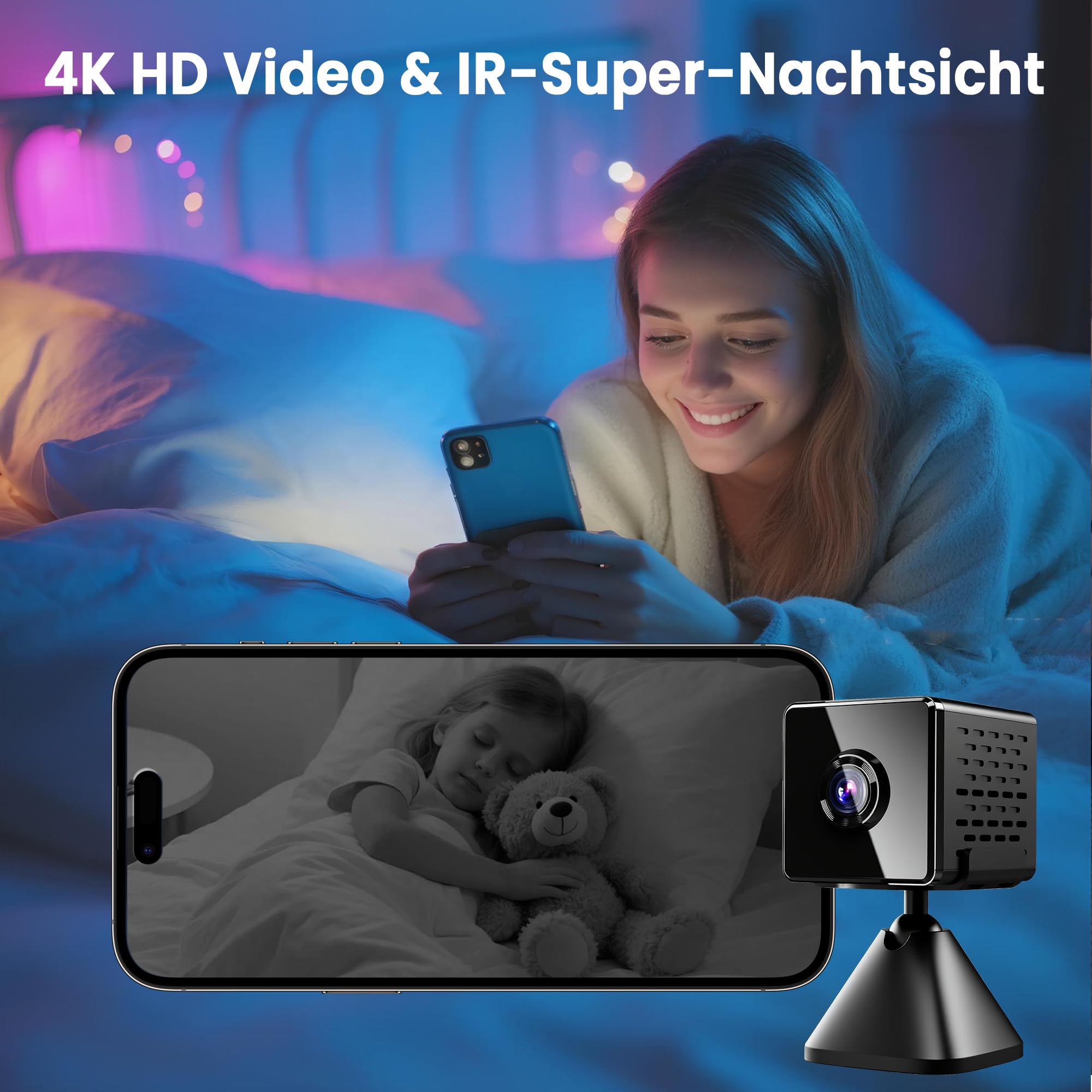javiscam Mini Kamera inklusive Eurostecker,4K WiFi Überwachungskamera Innen Akku mit Nachtsicht, Kamera überwachung innen mit Bewegungserkennung/Cloud- & SD Speicher/Echtzeit-Video für Haustier,Baby