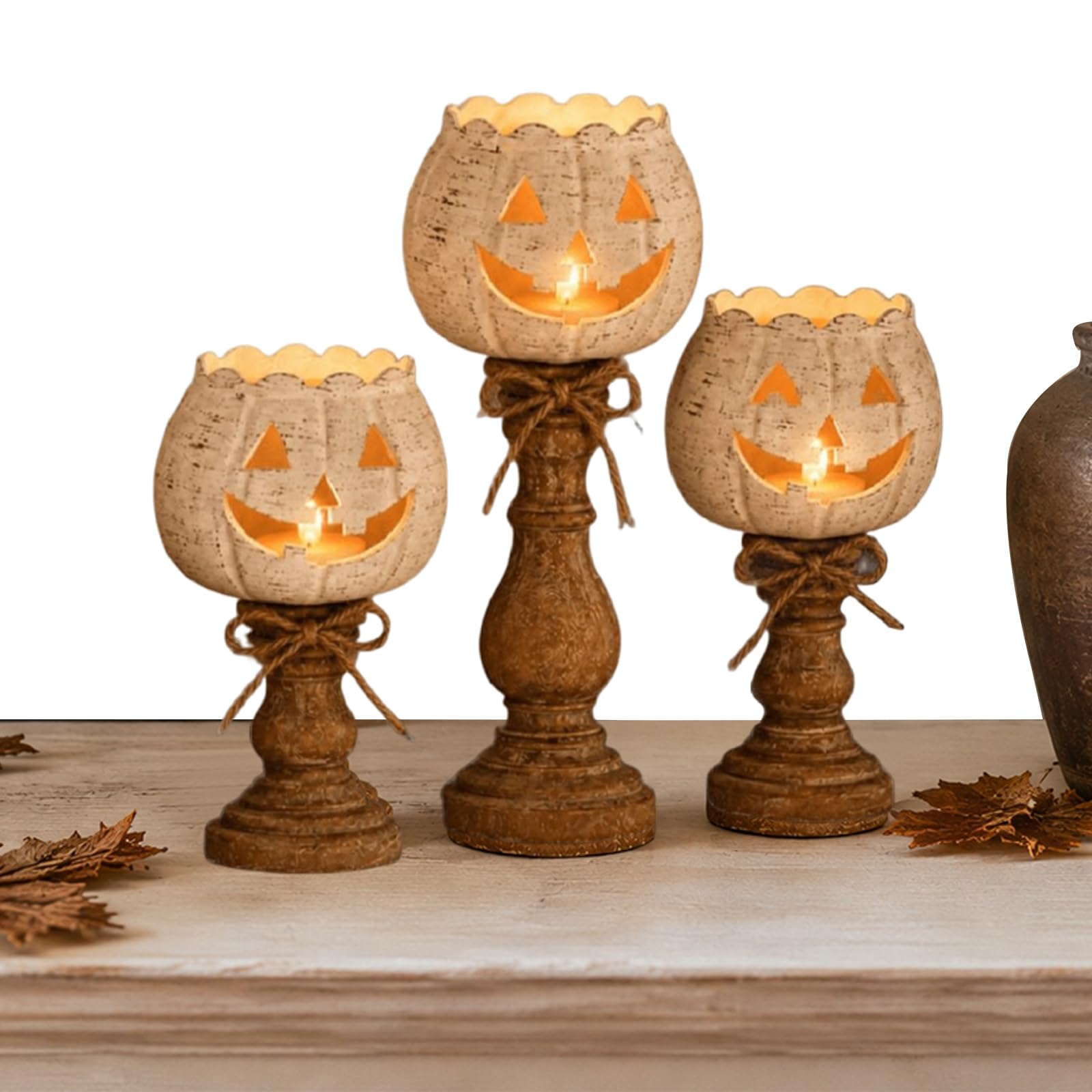 White Pumpkin Tealight Candle Holder, Halloween Jack-o'-Lantern Stand