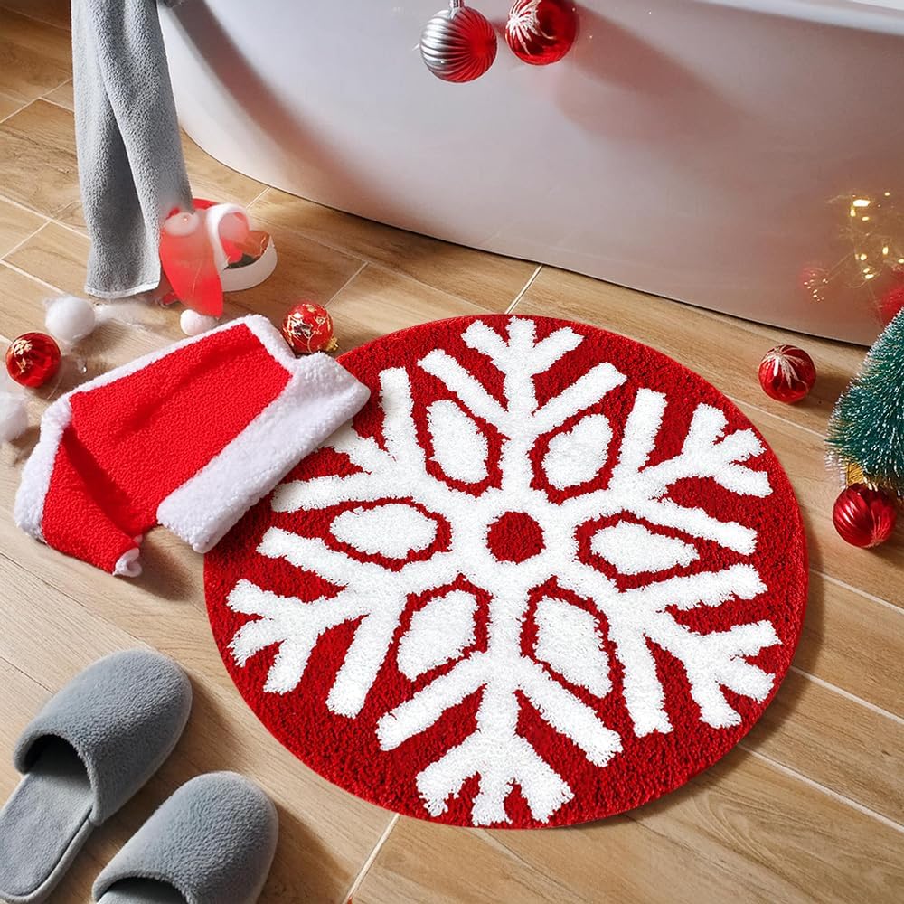 Vanleonet Christmas Bathroom Rugs 24 Inch Red Snowflake Christmas Round Bathroom Rugs Non Slip Cute Holiday Christmas Winter Themed Xmas Festive Decorations Bath Mats