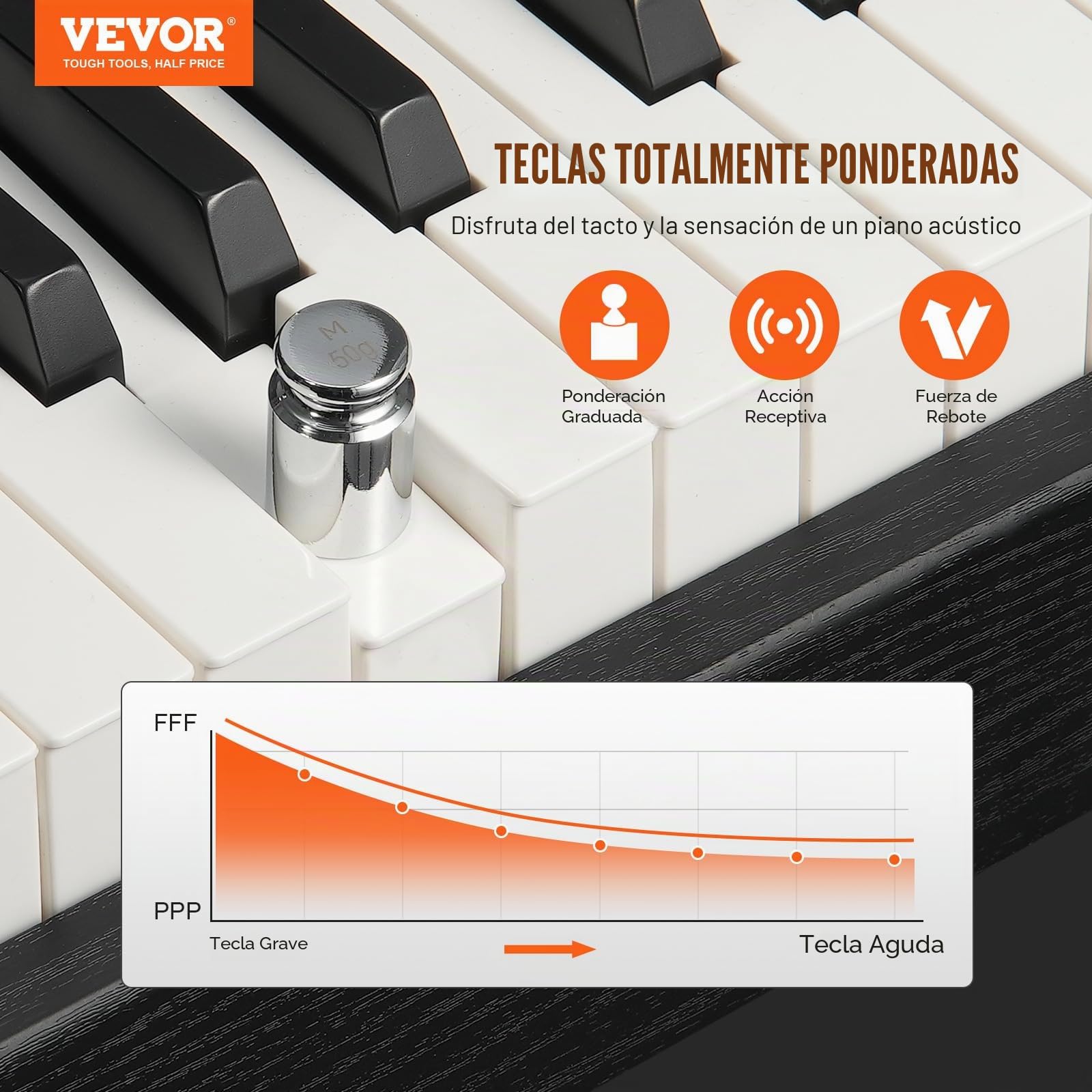 VEVOR Piano Digital de 88 Teclas Totalmente Ponderadas con Teclado Dual y Altavoces, Soporte de Gabinete Simple, Banco doble, Auriculares, 200 Tonos y Ritmos Compatible con Bluetooth/USB/MIDI