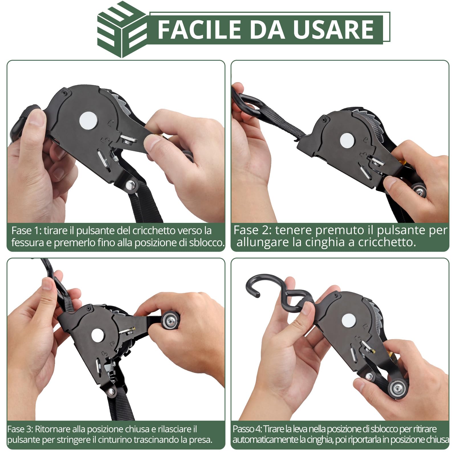 EYPINS 4 Pezzi Cinghie a Cricchetto Retrattili Automatiche con Ganci a S e Maniglie,340kg/680kg,Lunghezza 3,3m,Larghezza 25mm,Cinghie di Fissaggio Conforme EN-12195-2,Nero,per Moto,Rimorchi