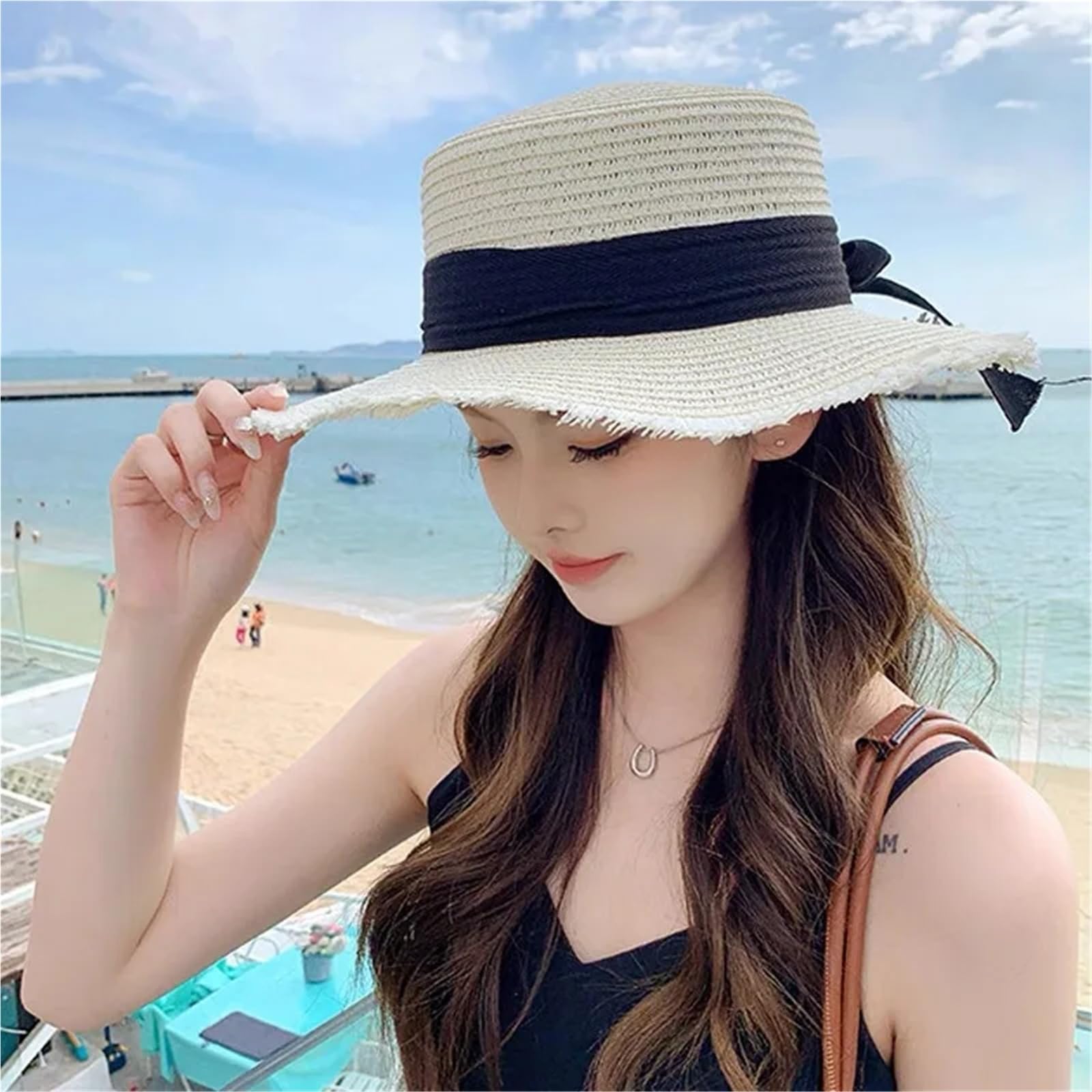 Sombrero Paja Verano Pajarita Correa Sombrero de Paja Mujer al Aire Libre ala Ancha Sol Playa Vacaciones protección UV Mujeres densas | 1-Khaki White