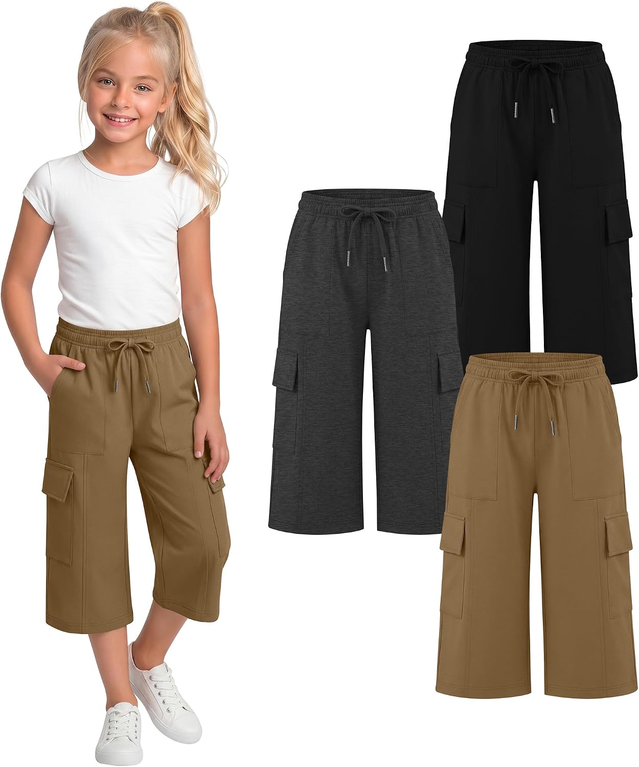 3 Pack Girl's Capri Pants Wide Leg Cargo Elastic Waist Drawstring Cropped Youth Casual Sweatpants with Pockets