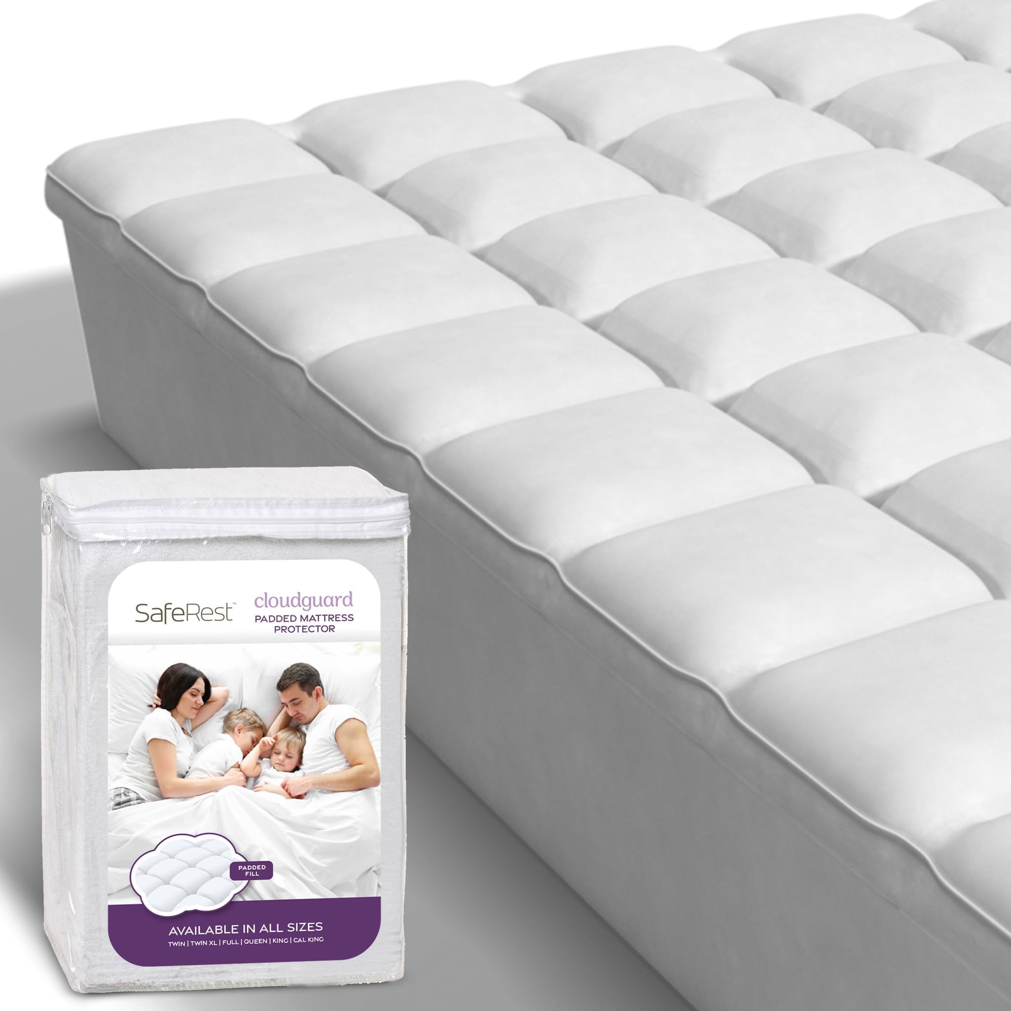 SafeRest CloudGuard - King Size Hybrid Mattress Protector & Pad (Extra Padded) - Waterproof Quilted Pillow Top Mattress Cover - Thick, Plush & Fitted Mattress Topper for Bed