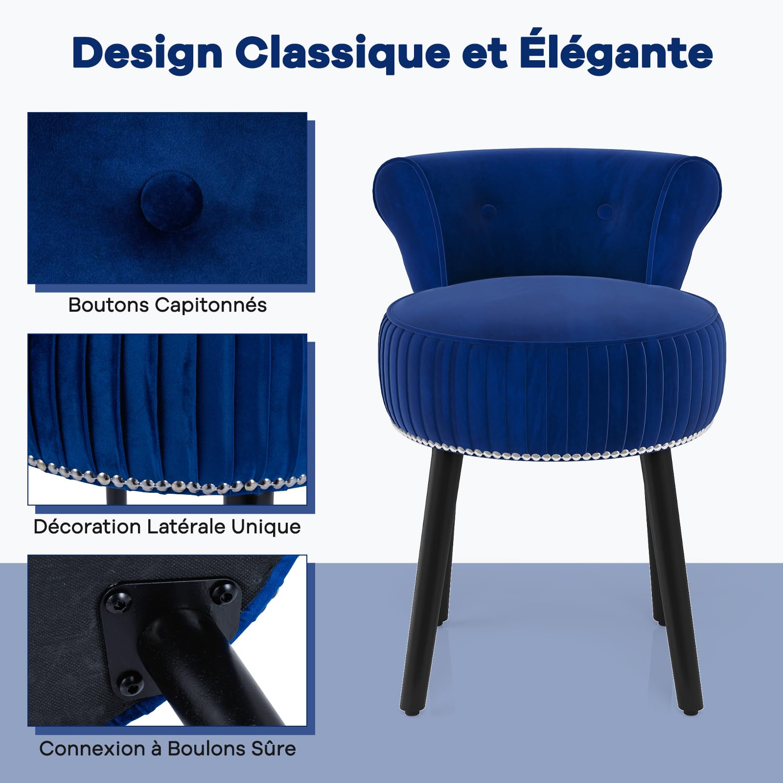 COSTWAY Chaise de Coiffeuse en Velours, Tabouret Coiffeuse avec Dossier, Pieds en Bois d'Hévéa, Patins Réglables, Tabouret de Maquillage, Dossier Bas Capitonné, pour Chambre Salon, 48x46x66 cm (Bleu)