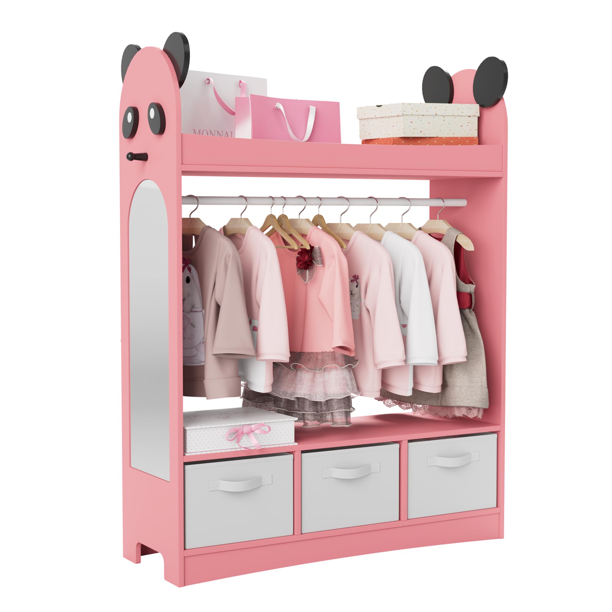 NACHES Kinder Kleiderschrank Kinderkleiderständer mit Boxen, Kleiderstange, Spiegel und Ablagen, Kindergarderobe aus Holz, Kinderregal 81 x 28 x 106,5 cm (Rosa, Panda mit 3 Schubladen)