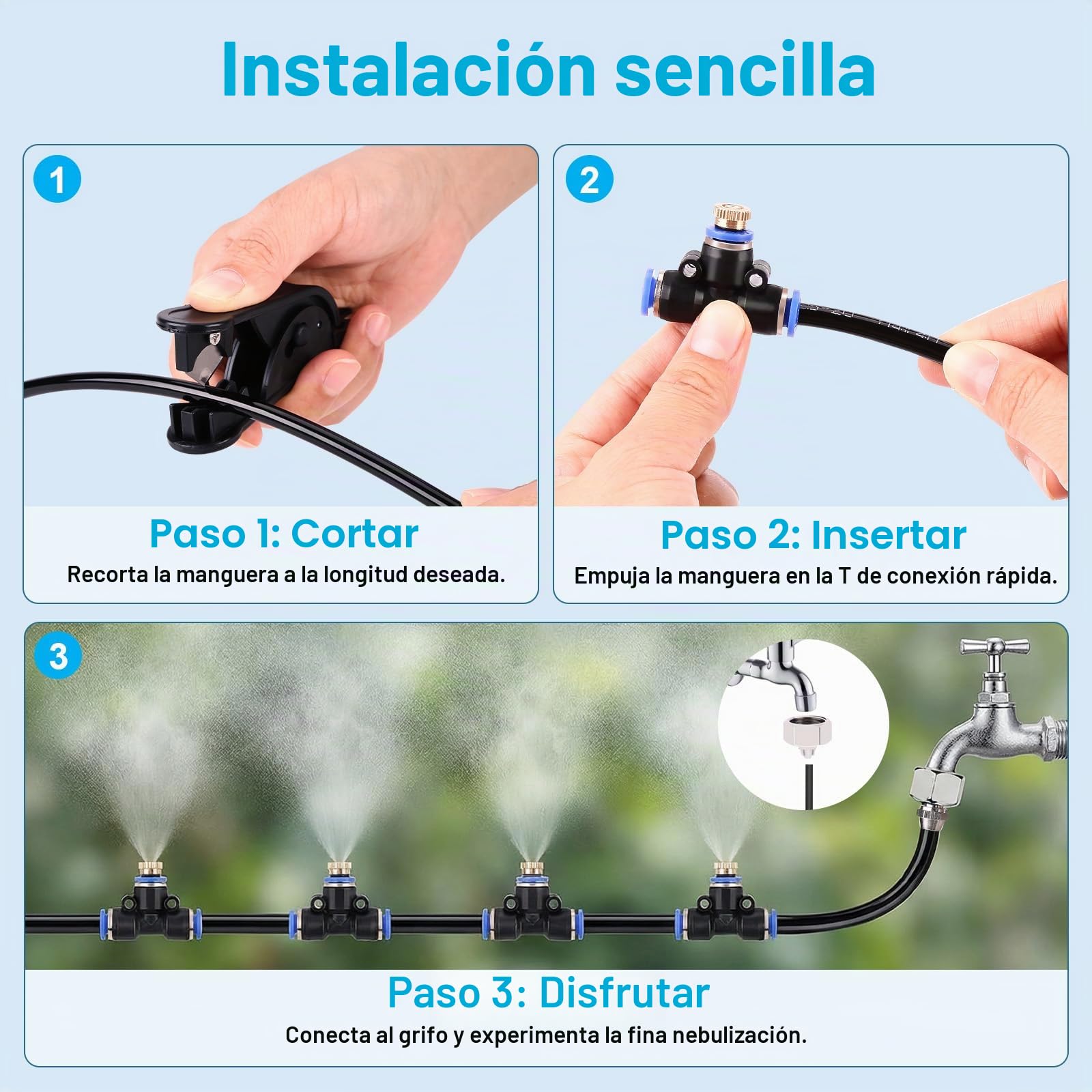 AGPTEK 20 M Sistema de Refrigeración, 72 PCS Sistema de enfriamiento por nebulización, Sistema por nebulización al aire libre para patio, Jardín, Césped, Invernadero, Sombrillas