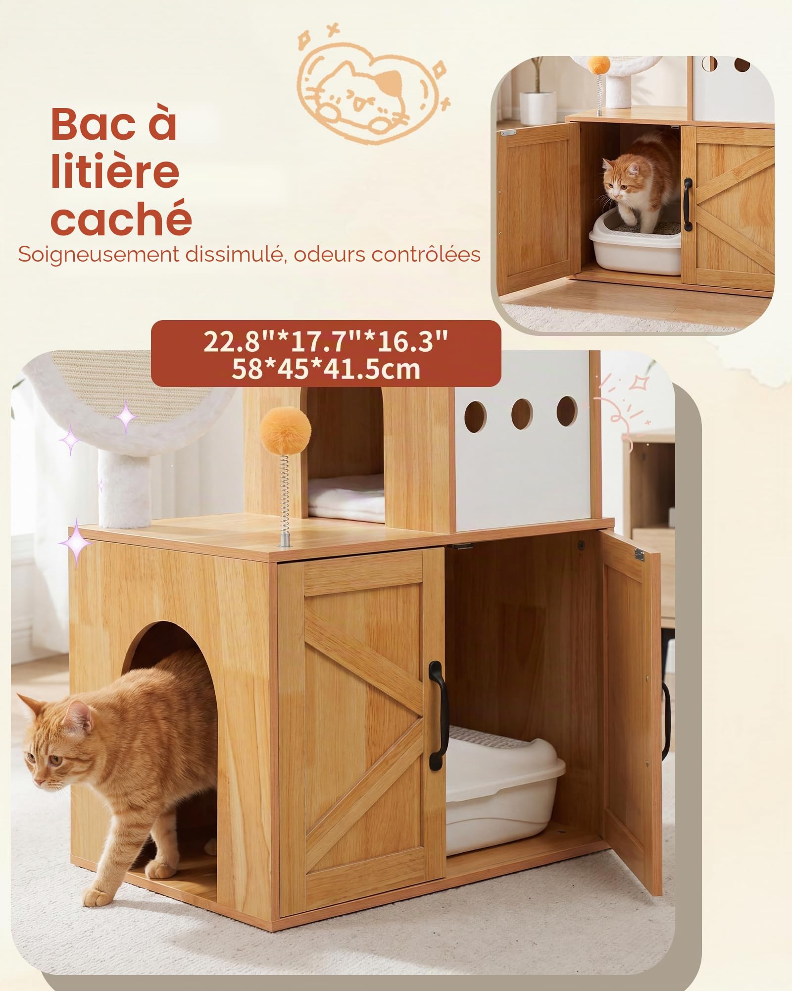 Heybly Arbre à Chat Litière Intégrée 162cm Bois Massif Moderne HCT105WB | Litière Cachée Facile À Nettoyer, Parcours Multi-Niveaux, Griffoirs En Sisal, Couchage Et Jeux Intégrés, Coloris Noyer