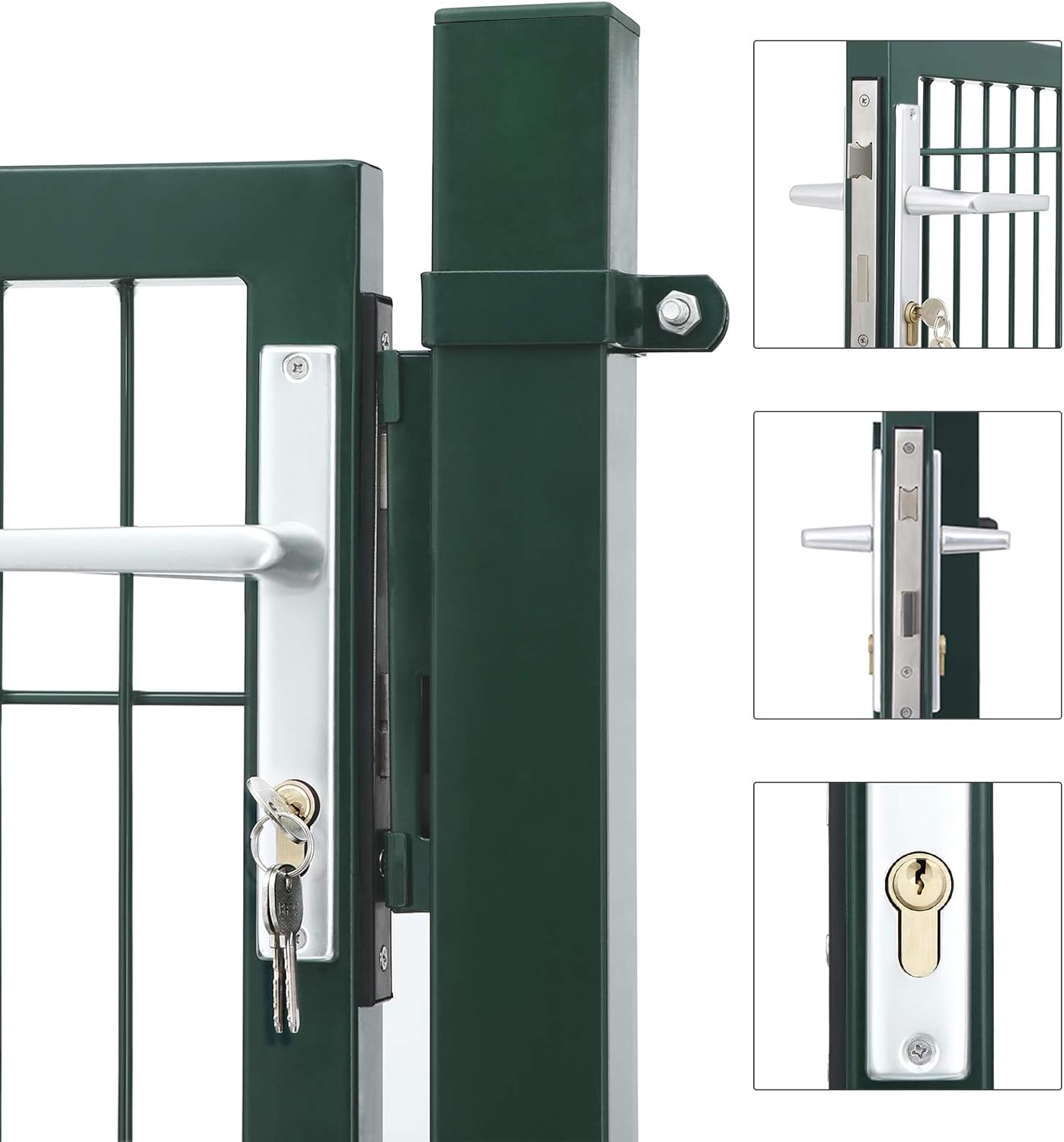 Close-up images of the gate's lock mechanism, handle, and keyhole.