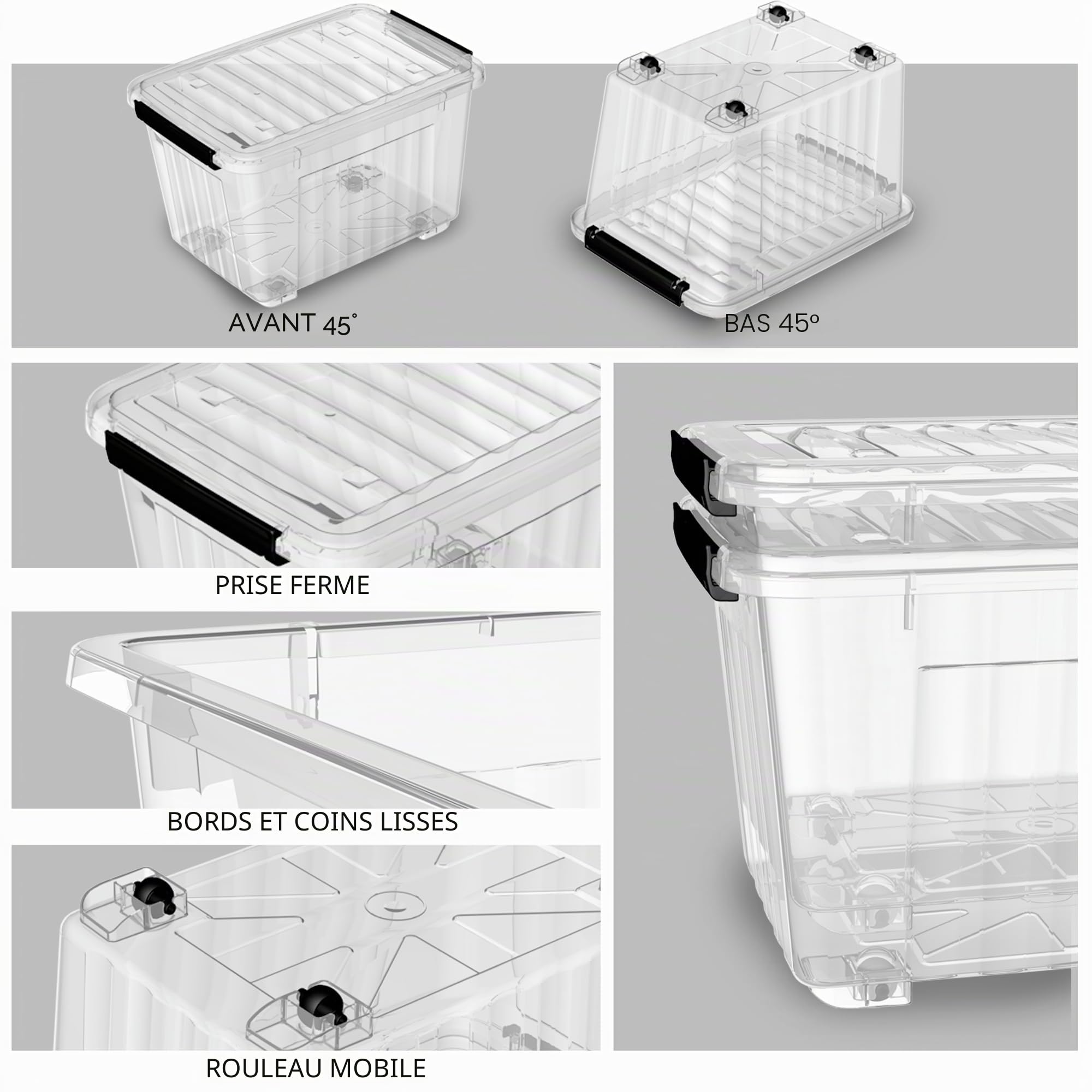 Cetomo 80L*6 Boîtes de Rangement avec Couvercles, Boîte de Rangement en Plastique avec Clips et Roulettes, Empilables, Encastrables, pour Placard de Bureau à Domicile, Transparent, 80L, Lot de 6