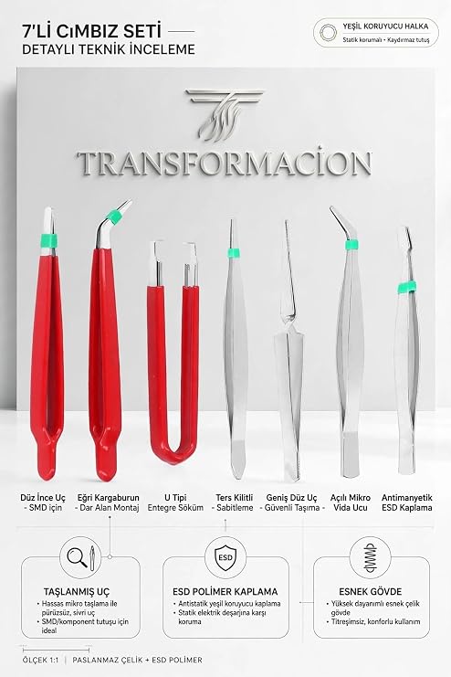 Transformacion 7'li Profesyonel Hassas Cımbız Seti Antistatik ESD Çelik Elektronik Devre Kartı Telefon Saat Tamir Maket Hobi Kit 722719