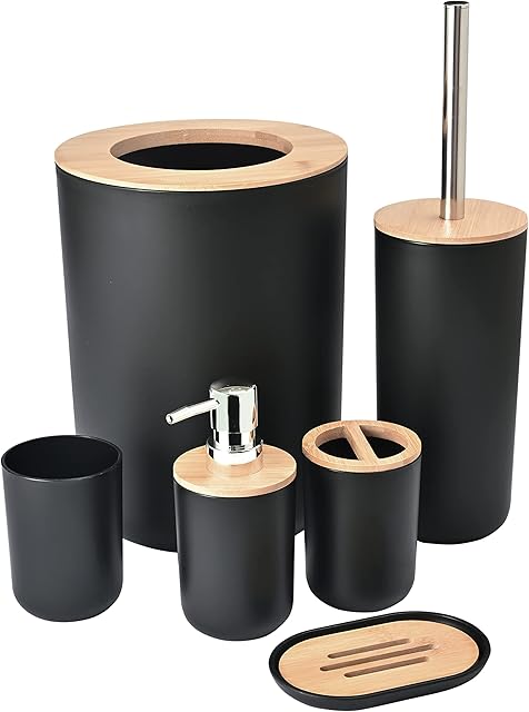 Yorkmills Bamboo Bathroom Accessories, 6 Pieces Black Bathroom Accessory set, Bathroom Bin Toilet Brush Set, Durable Toothbrush Holder Cup, Soap Dispenser With Pump, Soap Dish Holder, Modern Trash Can