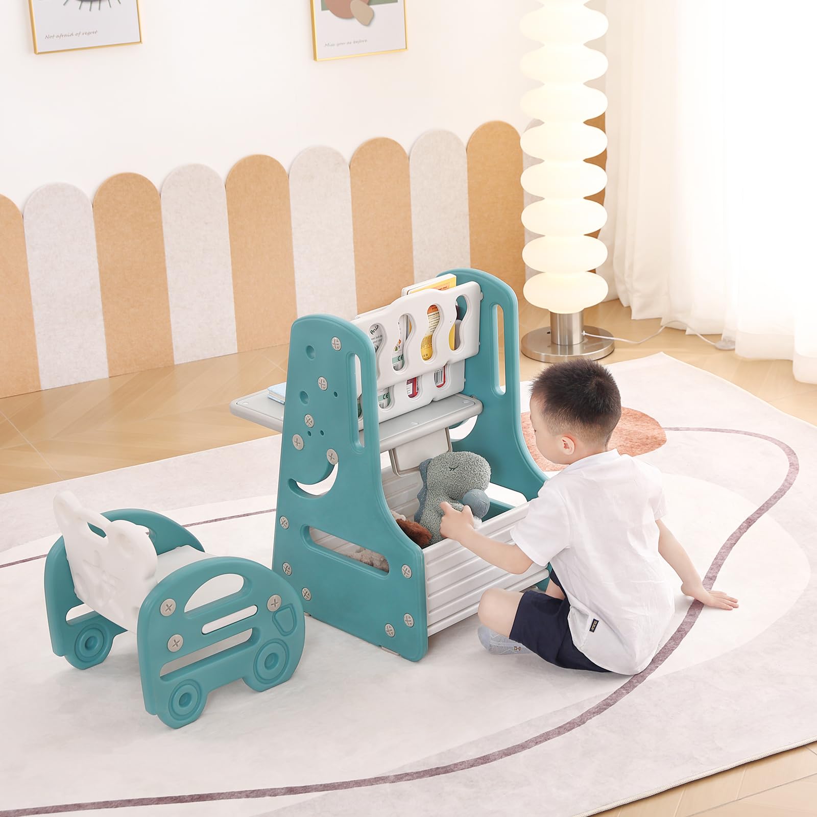 Juego de mesa y silla para niños, caballete de arte convertible 3 en 1 y estantería de exhibición con tablero de pintura magnético, estante de almacenamiento inferior, juego de mesa de 8