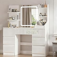 TRIUMPHKEY Dressing Table with LED Mirror, Adjustable Brightness, Modern Makeup Vanity with 2 Shelves and 7 Drawers, White Dressing Table (Light White)